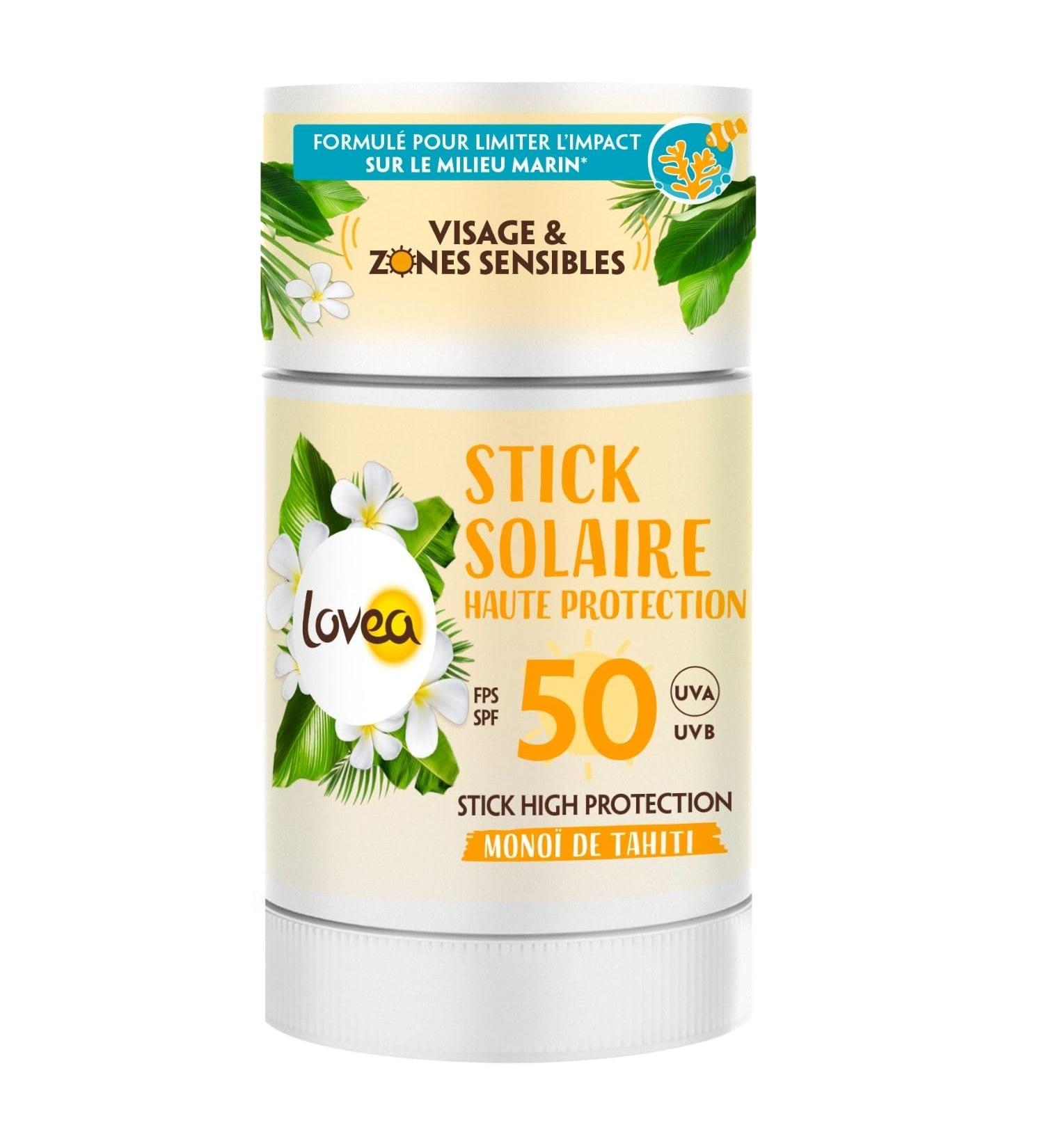 LOVEA - Sun Stick SPF 50 - High Protection for Face & Sensitive Areas - Mono De Tahiti - UVA/UVB Protection - Invisible & Water-Resistant Finish - Vegan - Made in France - 40 g - Buy Online on GoSupps.com