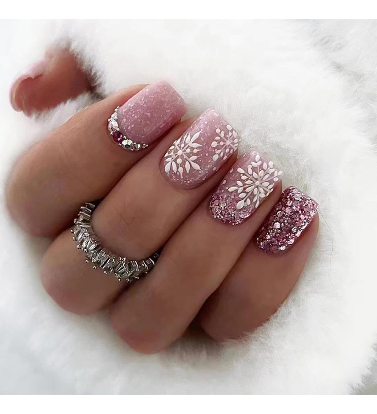 SINLOV Medium French Gradient Fake Nails Nude Christmas Snowflakes Square False Nails Glossy Press on Nails Ballerina Acrylic Full Cover Fake Nails for Women and Girls - Buy Online on GoSupps.com