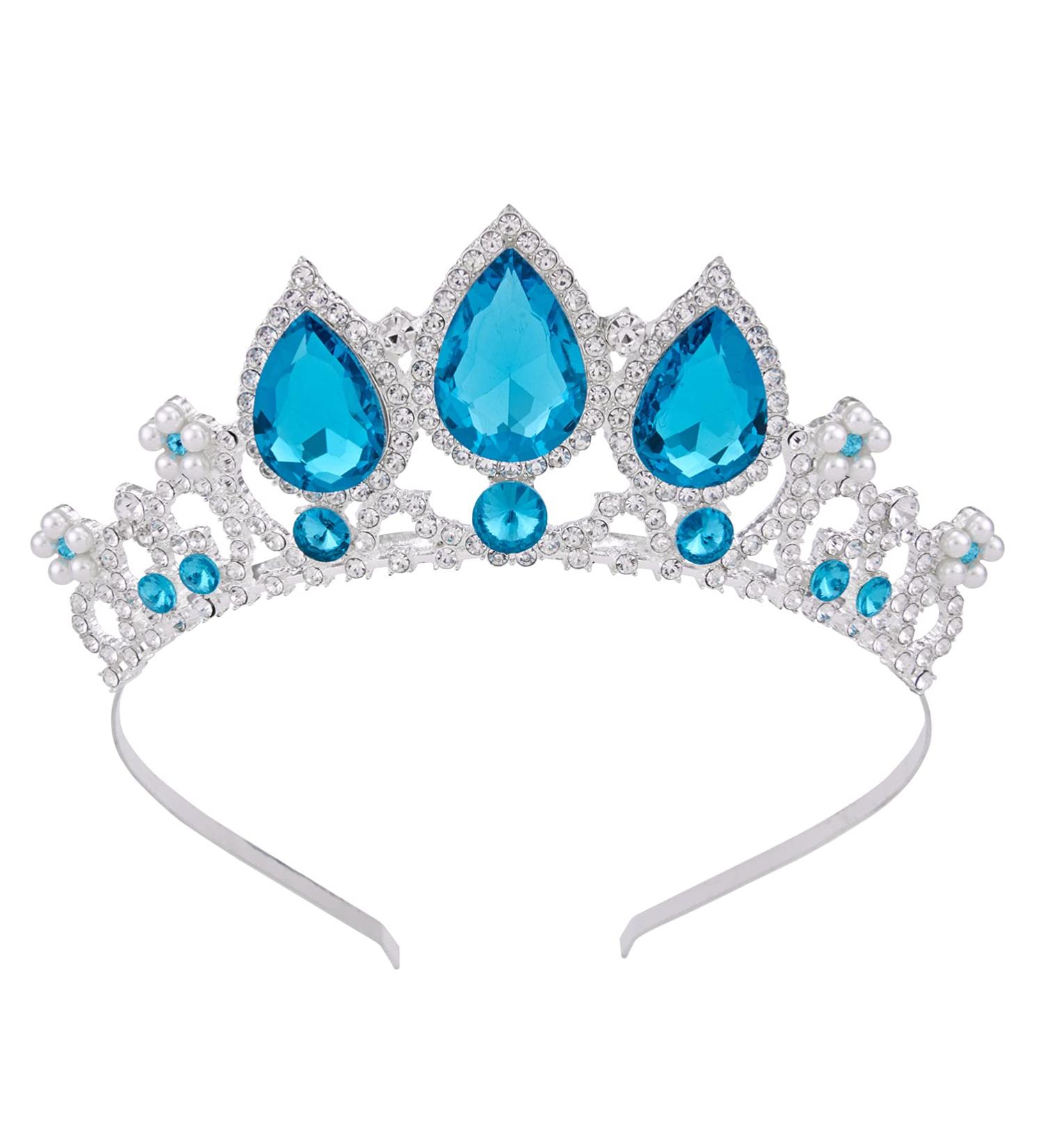 Vofler Frozen Elsa Princess Crown Sapphire Blue Crystal Rhinestone Pearl Tiara for Girls - Ideal for Flower Girl, Birthday, Wedding, Prom & Halloween - Blue/Silver - Buy Online on GoSupps.com