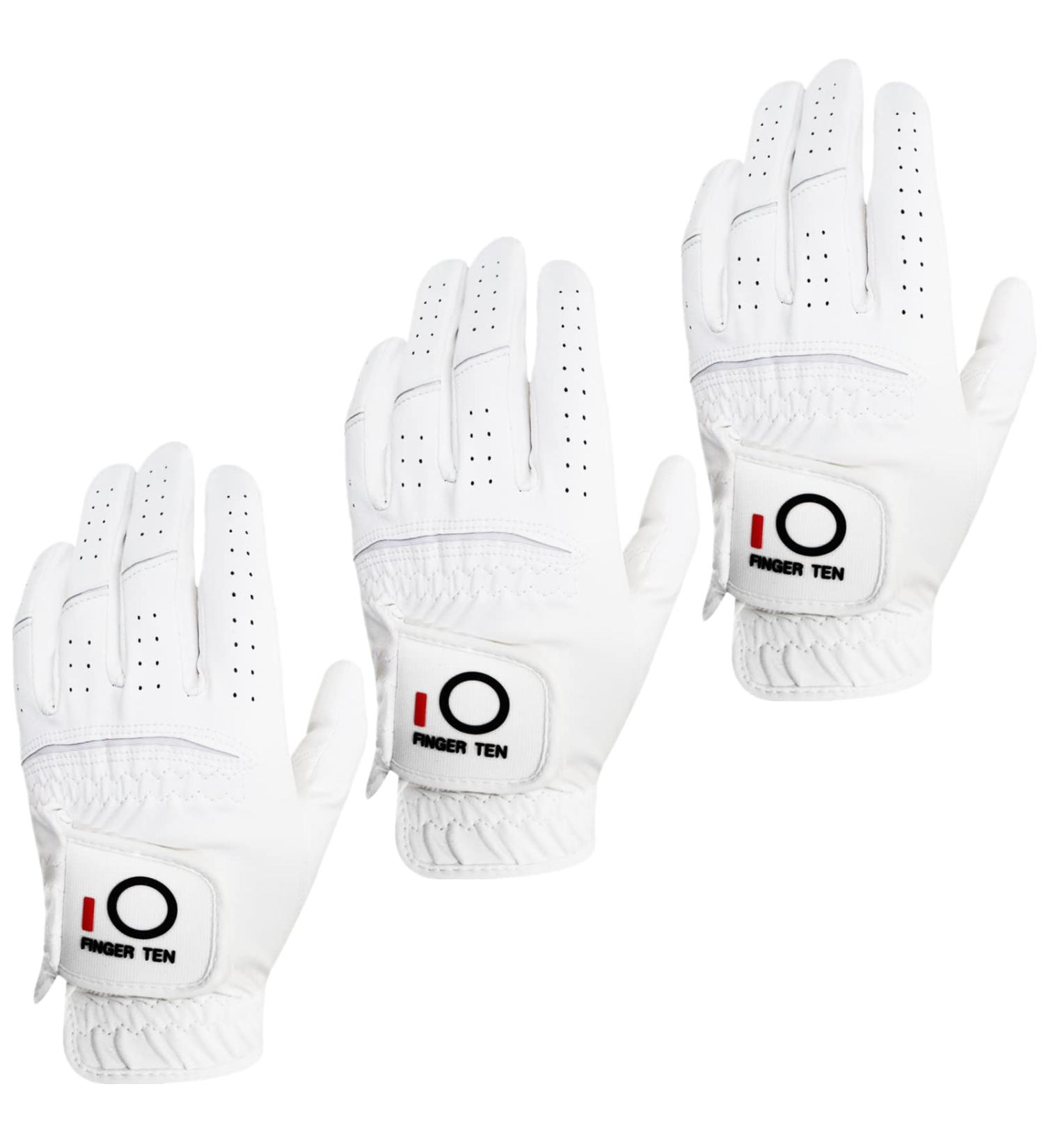 FINGER TEN Men's Left Hand Golf Gloves Rain Grip 3 Pack - All Weather Durable in Small, Medium, Large, XL - White, Black, Blue, Red, Brown - Medium/Large Left - Buy Online on GoSupps.com
