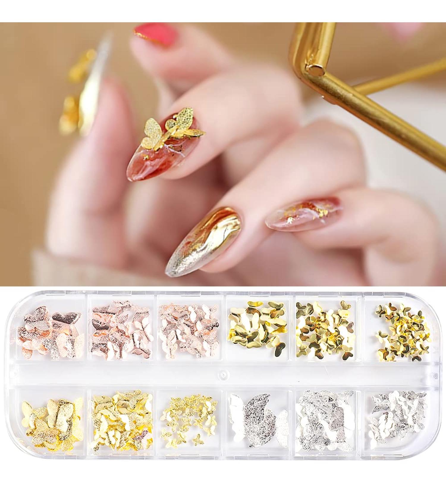 3D Metal Butterfly Nail Art Stud Stickers CHANGAR Metallic Flying Butterfly Nail Charms Gold Silver Rose Gold Alloy Butterfly Nail Rhinestones Accessory with 12 Grid Storage Box