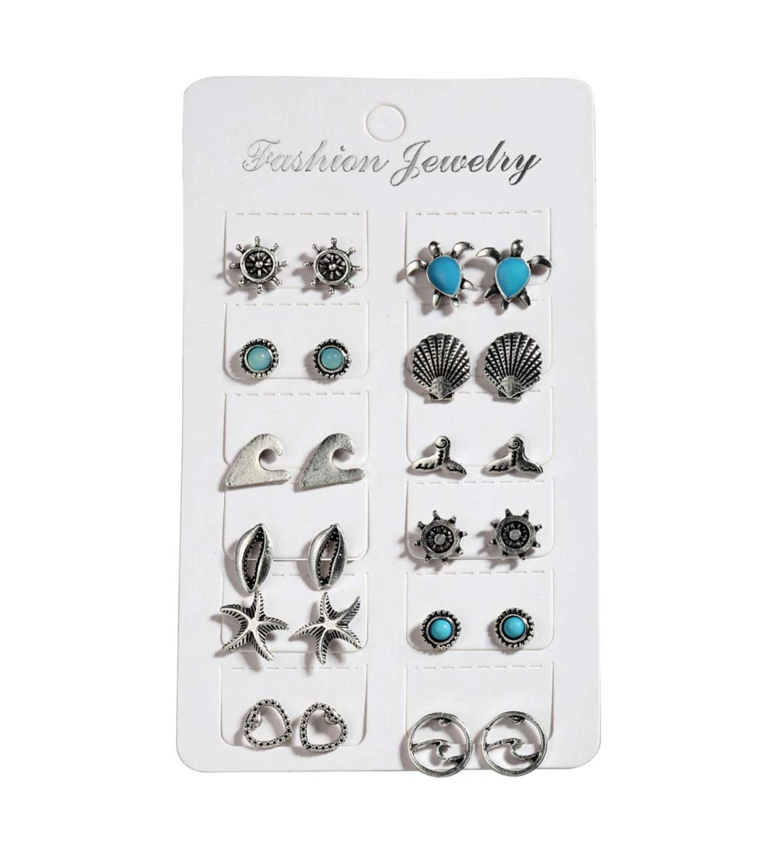 Feylie Earrings Set - 12 Pairs Boho Turtle & Naval Esters Jewelry Decor | Perfect Gift Idea - Buy Online on GoSupps.com