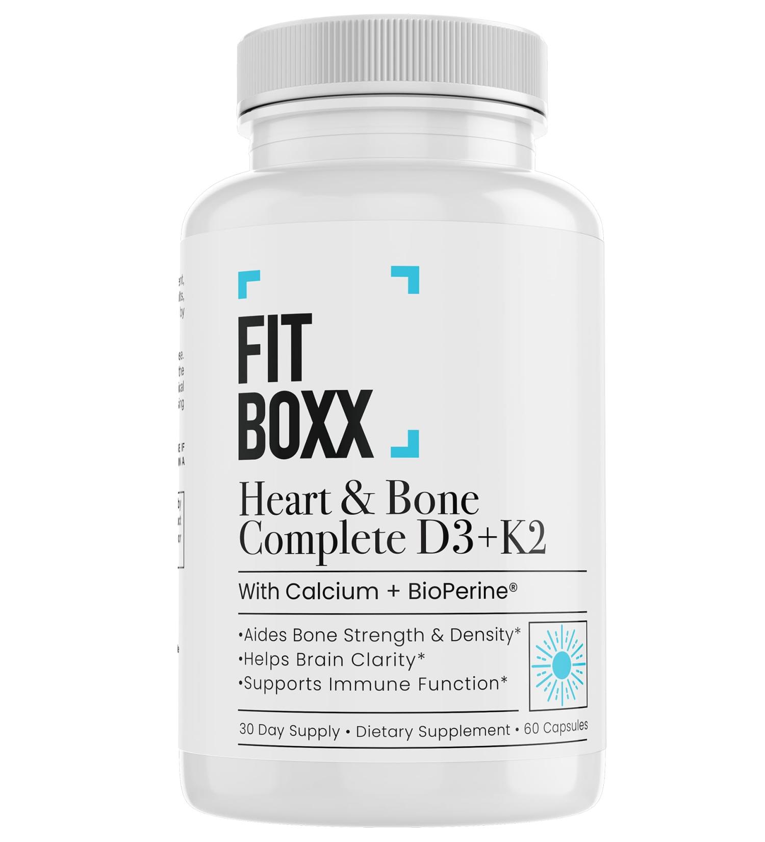 Fit Boxx Heart & Bone Complete D3 + K2 with Calcium & BioPerine Vitamin D3 5000 IU + K2 MK-7 100mcg + Calcium 210mg Bone & Heart Support Non-GMO Gluten-Free Dairy-Free 60 Veggie Capsules - Buy Online on GoSupps.com