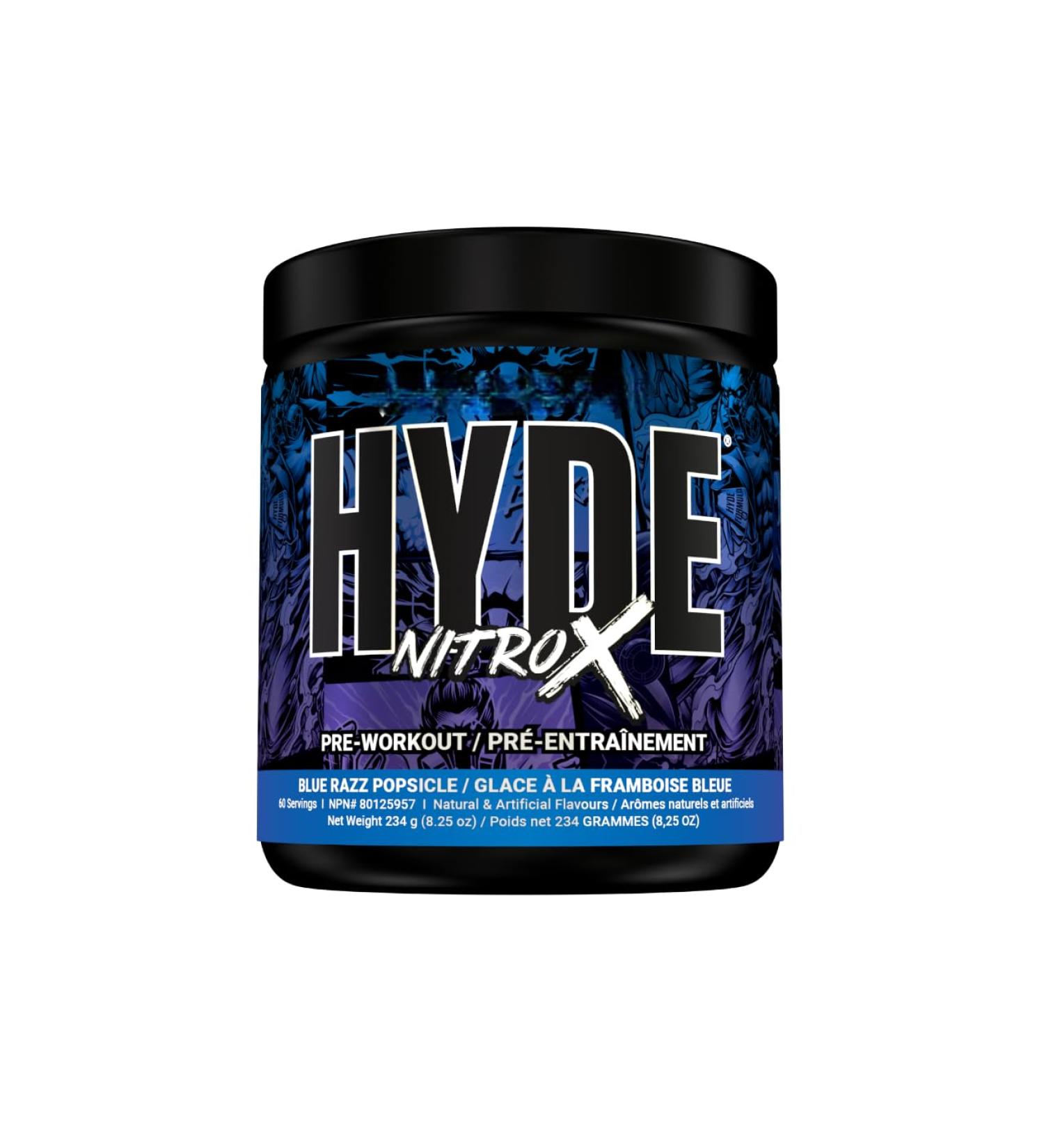 Hyde-Nitro X Pre-Workout Powder | Extreme Energy Pumps Power & Focus | High Stimulant Pre-Workout | 400mg Caffeine 1g Creatine HCL Teacrine & Nitrosigine | 60 Servings (Blue Razz Popsicle) Blue Razz Popsicle 60 Servings - Buy Online on GoSupps.com