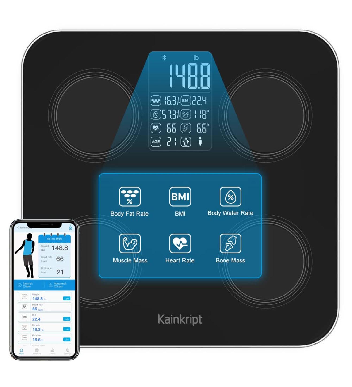 Kainkript Body Weight Scale with BMI, Heart Rate, Water & Muscle Measurement - 400lb Bluetooth Scale - Buy Online on GoSupps.com