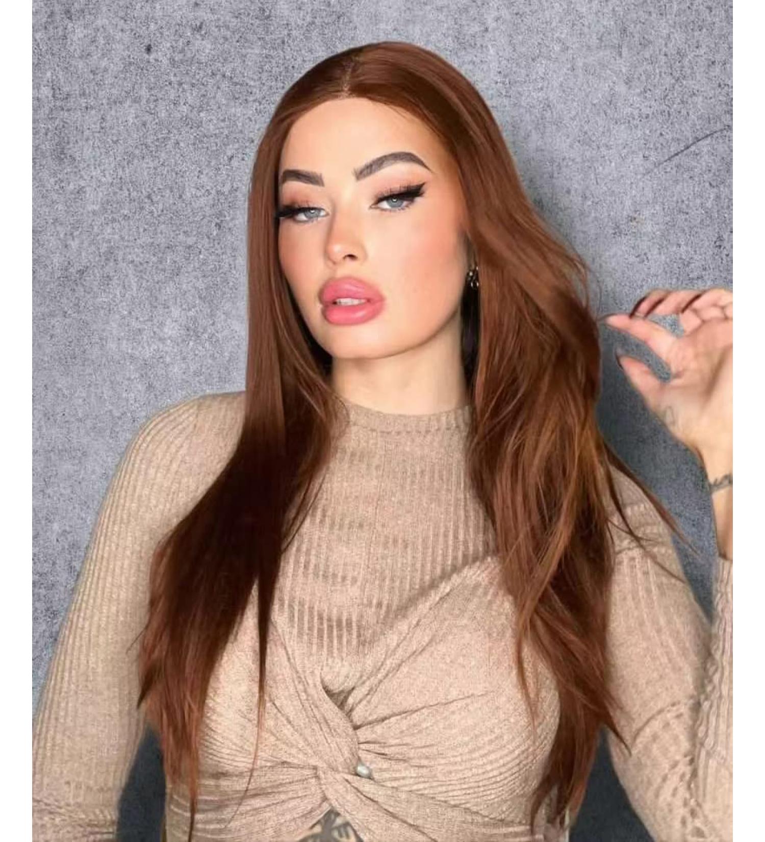 Vebonny Auburn Brown Lace Front Wig for Women - 20 Inch Straight Hair with Baby Hair Glue-Free & Middle Parting - #021 - Buy Online on GoSupps.com