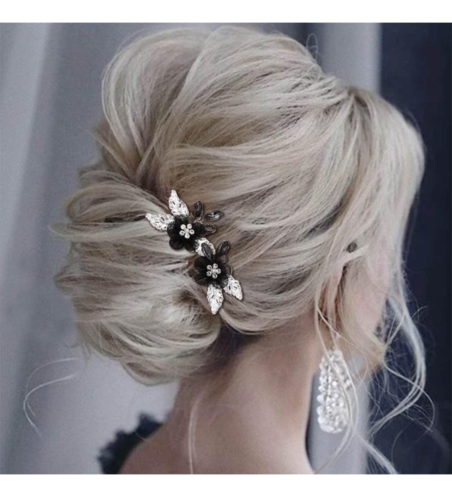 Casdre Black Flower Bride Wedding Hair Pins - Silver Crystal Bridal Hair Pieces (Pack of 2) - Buy Online on GoSupps.com