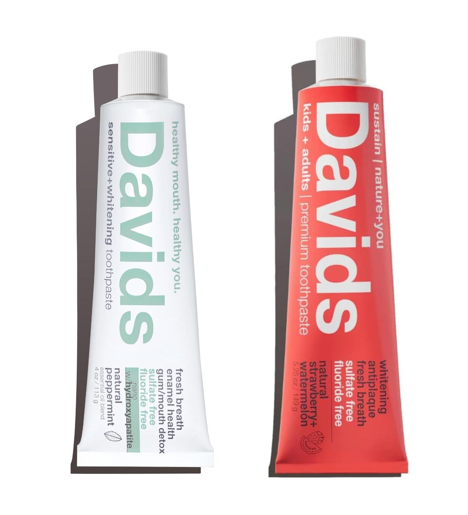 Davids Nano Hydroxi and Antiplaque Strawberry Watermelon Fluoride Free Toothpaste Bundle, SLS Free, Recyclable Metal Tube, Made in USA, 4 oz and 5.25oz - Buy Online on GoSupps.com