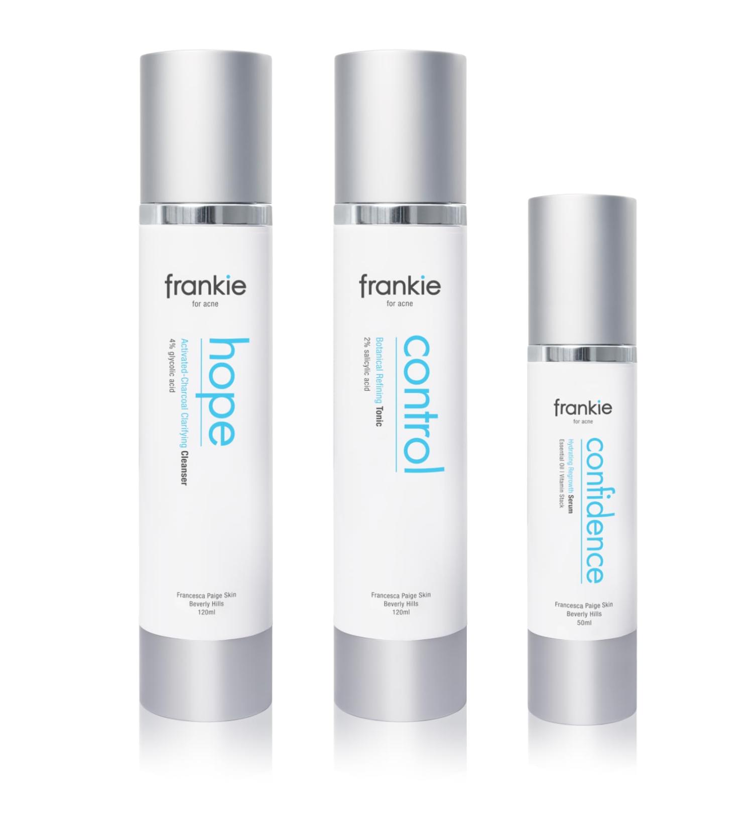 Frankie for Acne 3 Step Skin Care Set - Charcoal Face Wash Salicylic Acid Exfoliator & Niacinamide Moisturizer - 60 Day Supply | International Shipping Available - Buy Online on GoSupps.com