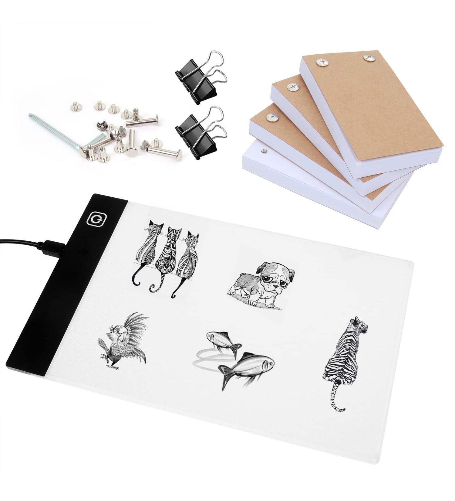 Flip Book Kit with Light Pad - A5 LED Board & 320 Sheets for Drawing, Tracing, Sketching - Flip Books Paper with Holes & Binding Screws - Buy Online on GoSupps.com