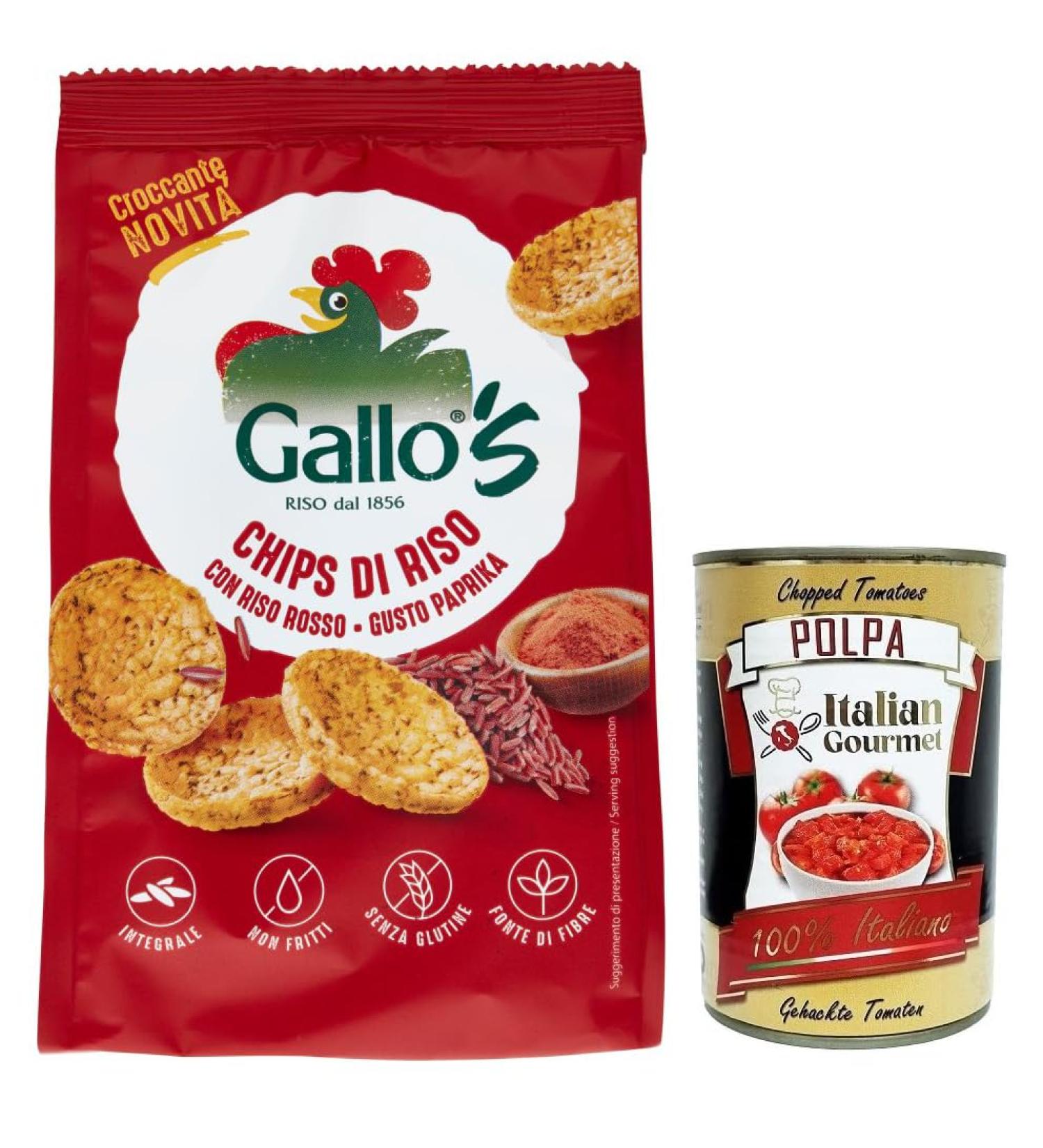 Italian Gourmet E.R. Riso Gallo Chips with Red Rice Snack with Red Rice and Full Pepper Taste 40g Bag + Italian Gourmet Tomato Pulp Box 400g - Buy Online on GoSupps.com