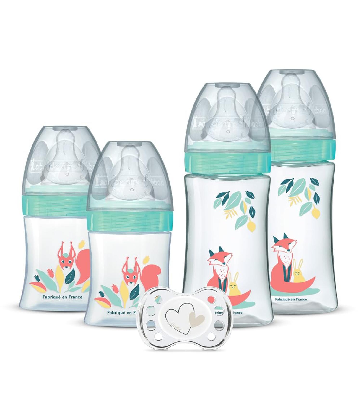 DODIE Set of 4 baby bottles with round anti-colic teat (2x150mL and 2x270mL) + a baby pacifier - Buy Online on GoSupps.com