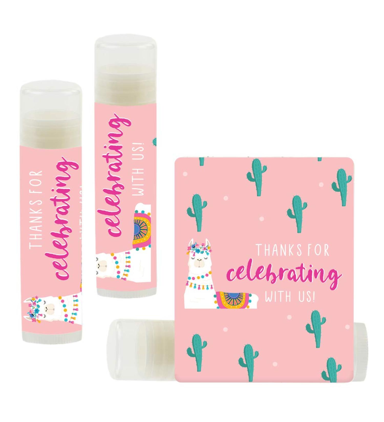 Andaz Press Peach Pink Llama and Cactus Party, Lip Balm Party Favors, Thanks for Celebrating With Us!, 12-Pack, Llama Alpaca Bohemian Themed Decor