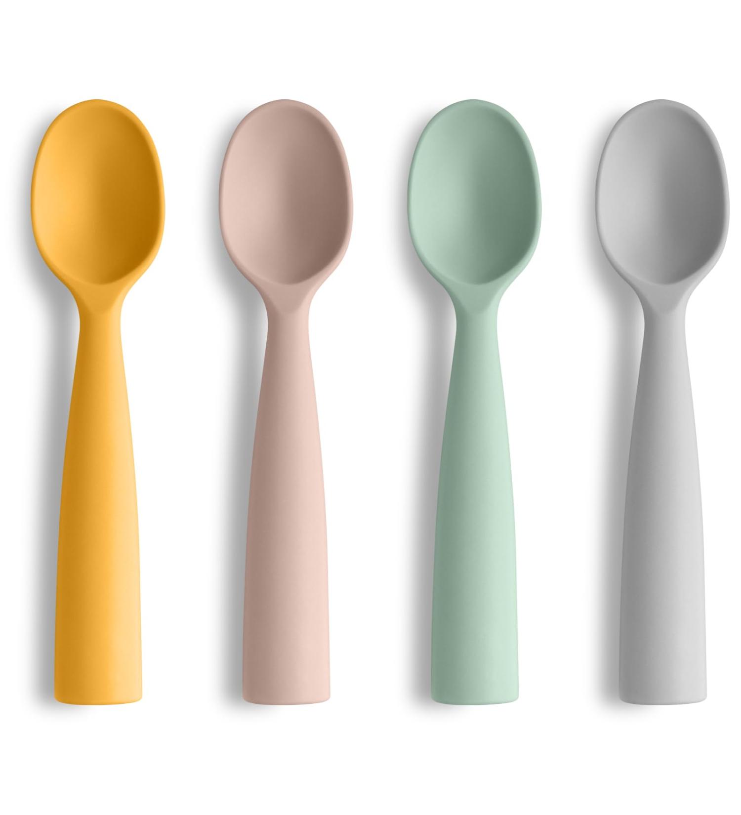 Vicloon Silicone Baby Feeding Training Spoon Set - 4pcs Self-Feeding Weaning Spoons for Kids, Toddlers, Children, Infants - Grey/Green/Pink/Yellow - Buy Online on GoSupps.com