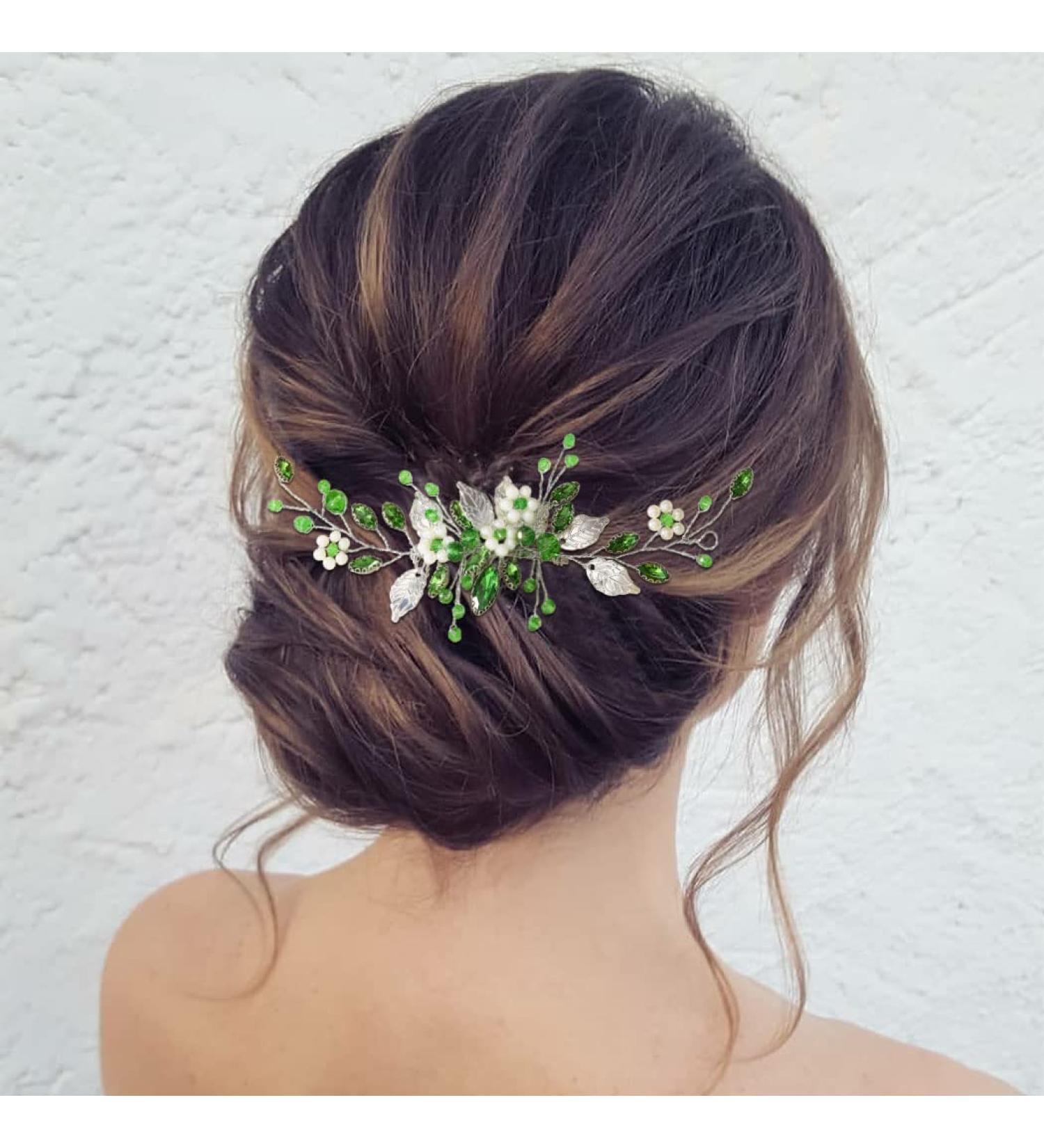 Zoestar Bridal Wedding Hair Comb - Flower Pearl Headpiece & Crystal Leaf Accessories for Brides & Girls (Green) | International Shipping - Buy Online on GoSupps.com
