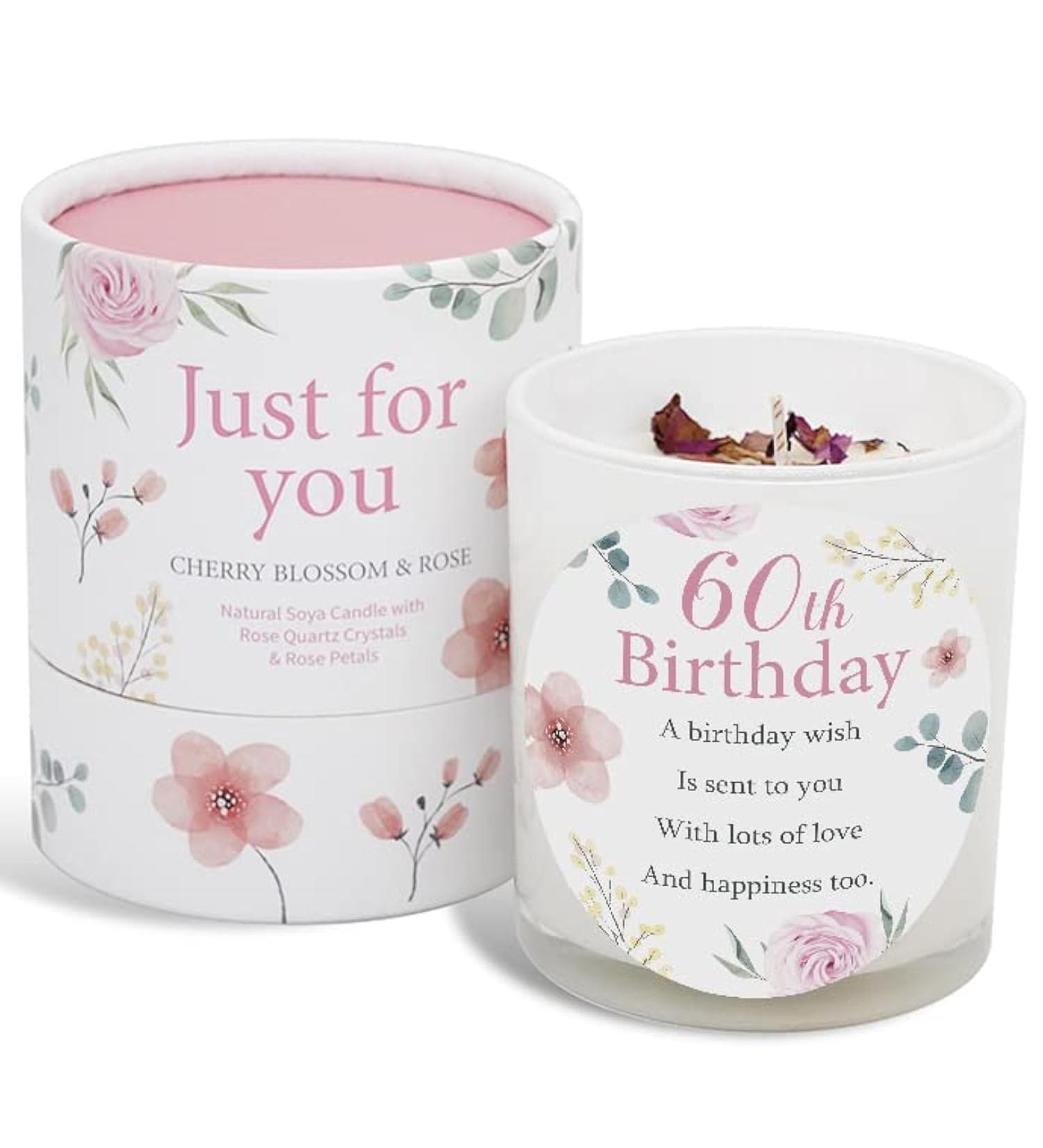 60th Birthday Candle - Perfect 60th Birthday Gift | Soya Candle with Rose Quartz & Rose Petals - Buy Online on GoSupps.com