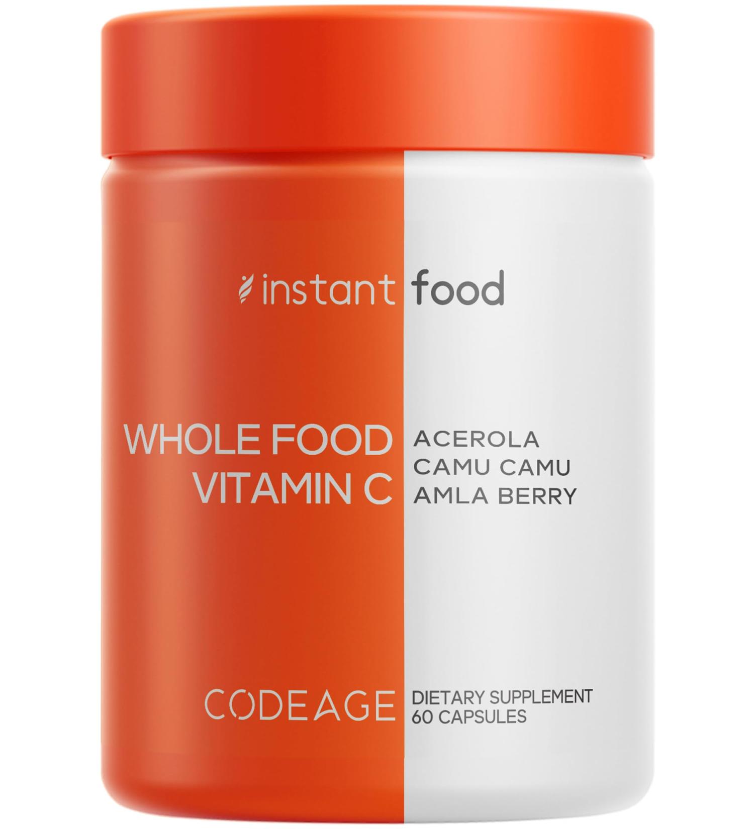 Codeage Whole Food Vitamin C Supplement - Acerola Cherry Camu Camu Amla Berry & Rose HIPS Blend - Citrus Bioflavonoids - Instantfood Energy Vitamins - 500mg Vitamin C Pills - Non-GMO - 60 Capsules