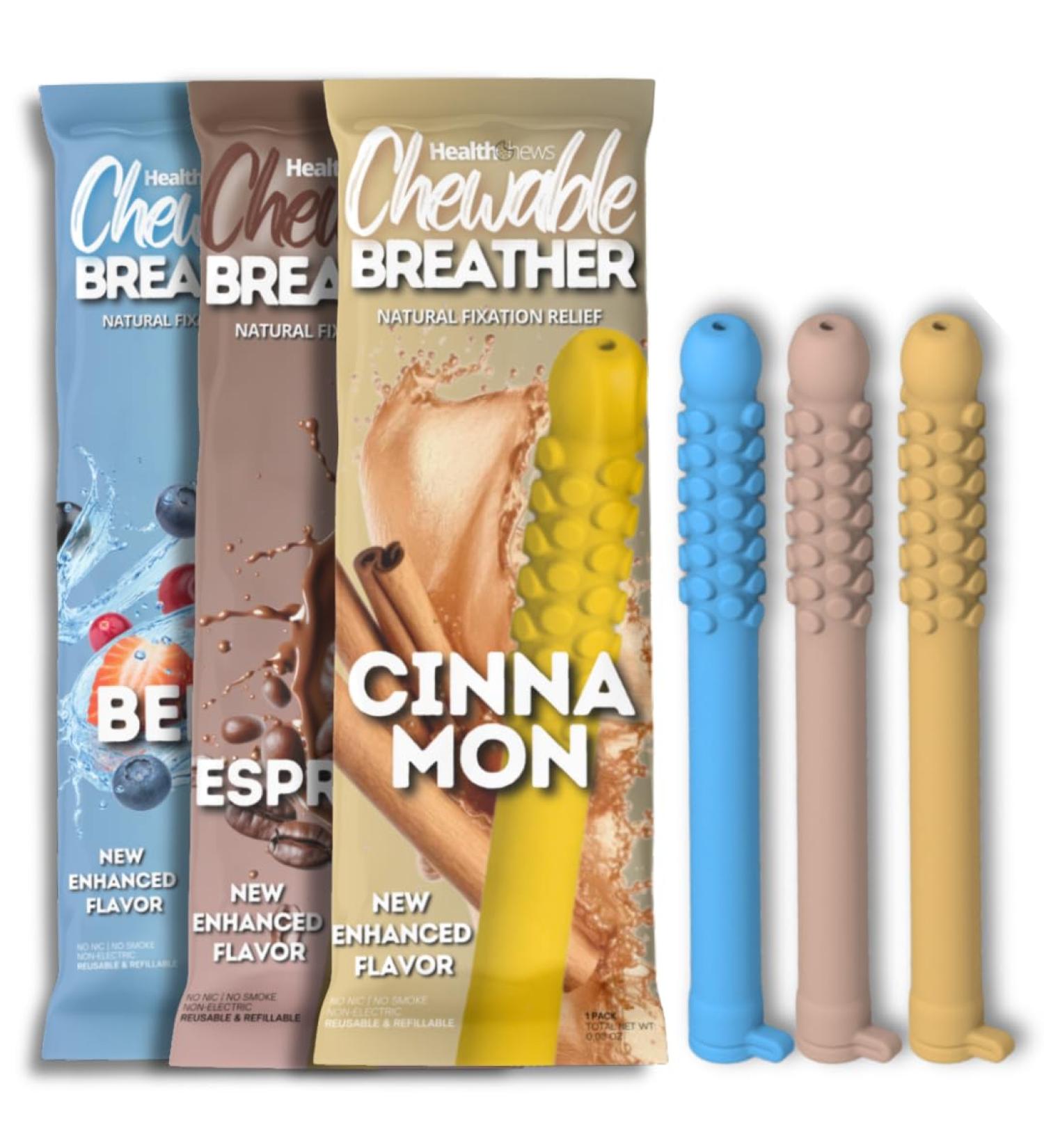 3PCS Flavored Chewable Essential Oil Breath Stick Flexible Reusable Flavor Breather Chew Stick Chewable Oral Fixation Tool with 6 Refill Cores for Travel/Office/Car