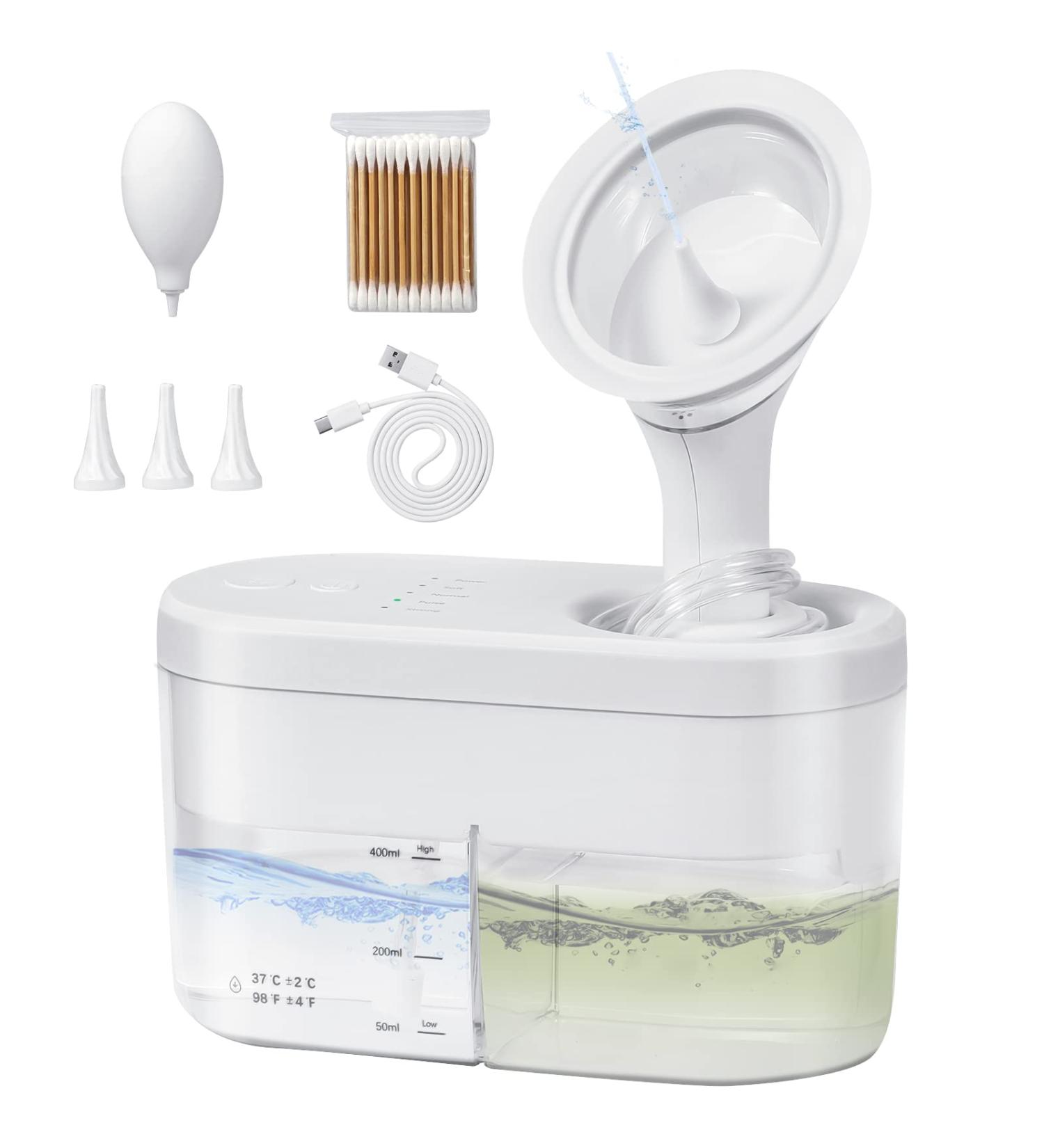 Electric Earwax Cleaner | Earigator Ear Cleaning System | Ear Wax Removal Kit with 4 Pressure Modes | USB Rechargeable | White - Buy Online on GoSupps.com