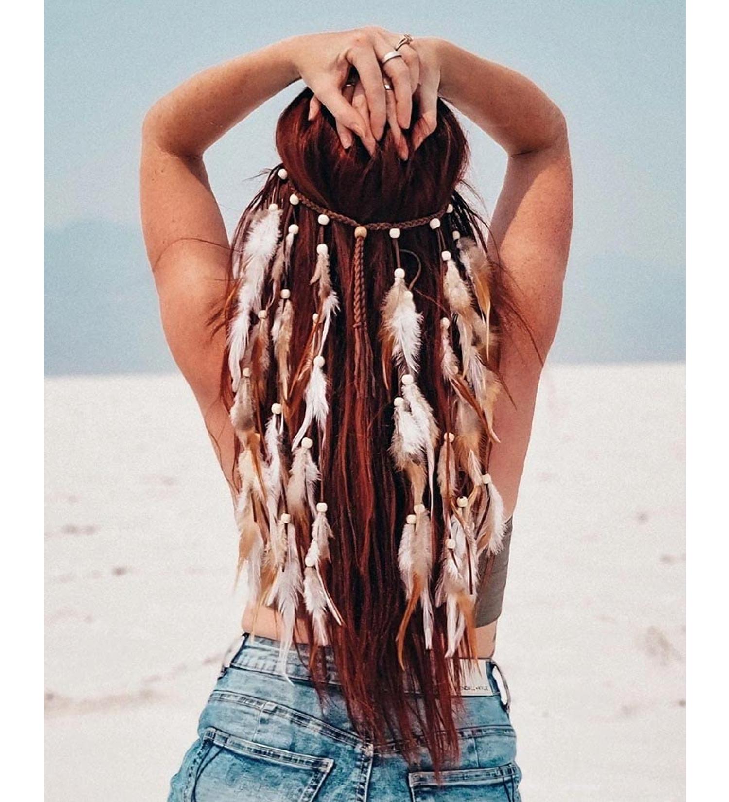 Bohemian Feather Hairband Indian Gypsy Headband with White and Brown Feathers - Festival Hippie Costume Accessory - Buy Online on GoSupps.com