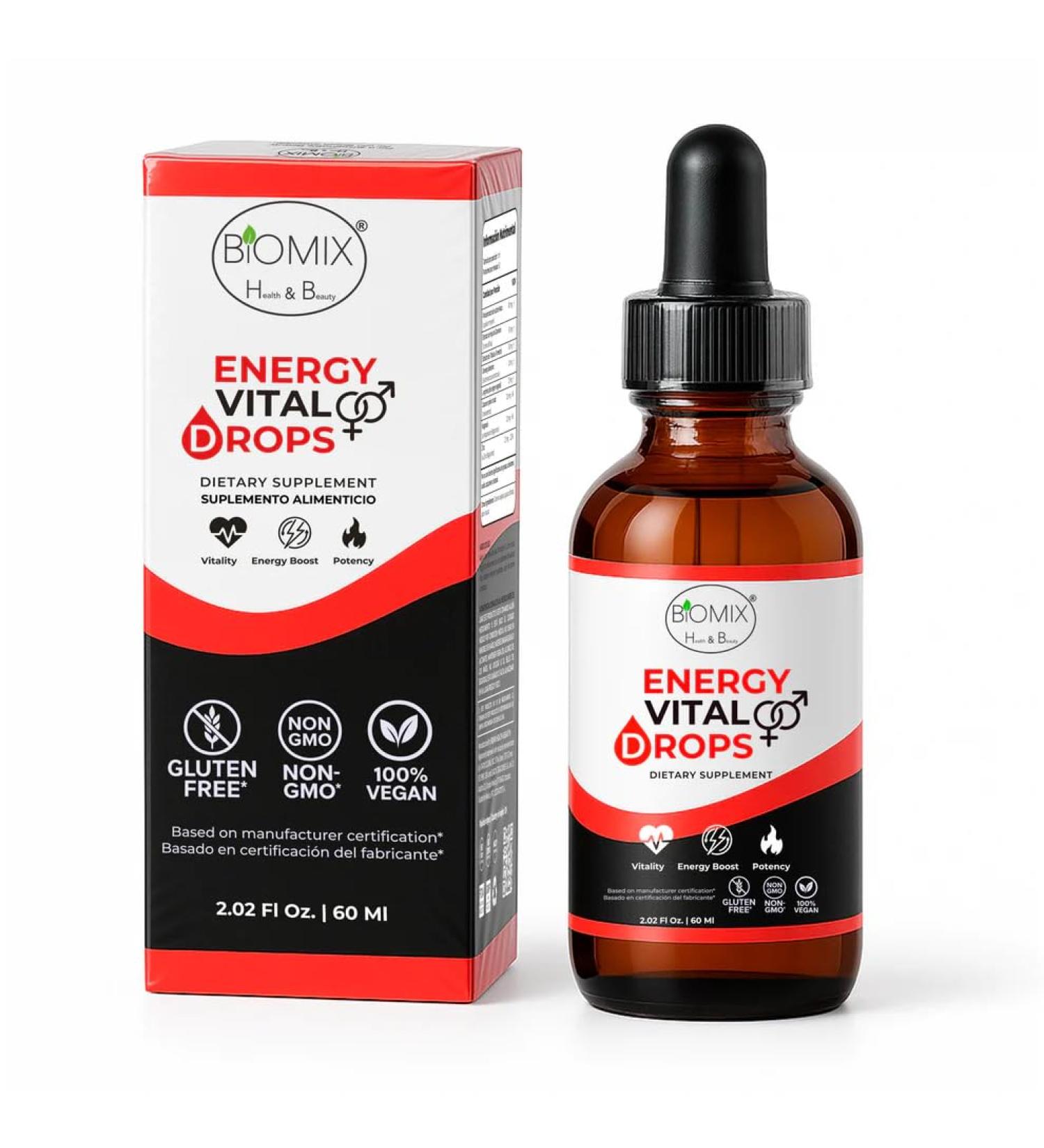 Biomix Energy Vital Drops+ | Natural Vegan Liquid Supplement for Energy Vitality & Daily Wellness | Fast Absorption Formula with Maca Ginseng Tribulus Magnesium & Zinc | Sugar-Free | 30 ml - Buy Online on GoSupps.com