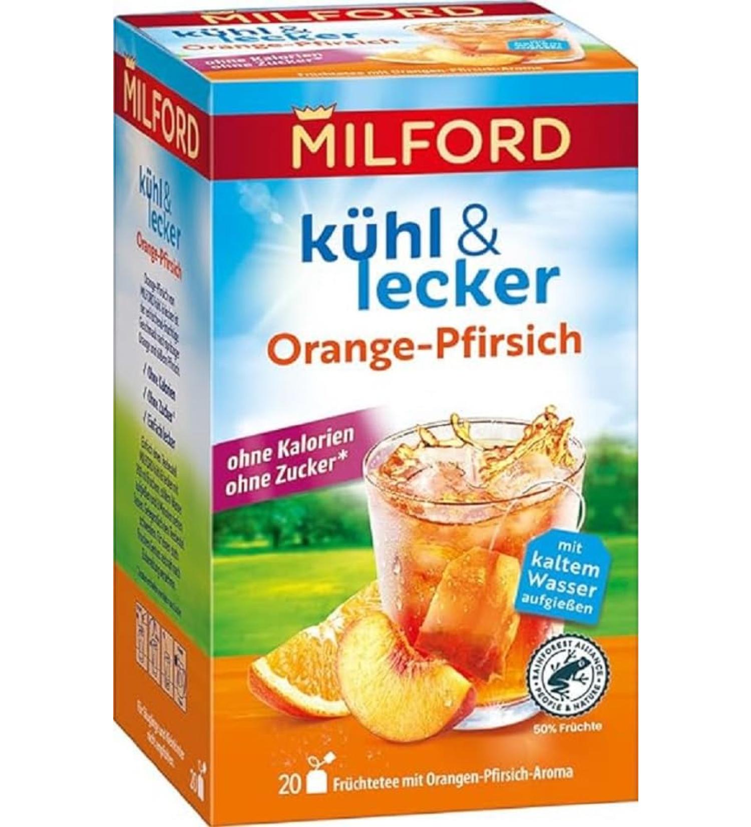 Milford Cool & Tasty Orange Peach Tea Zero Calories Sugar-Free Lactose-Free Gluten-Free Vegan | 20 Tea Bags 50g - Buy Online on GoSupps.com