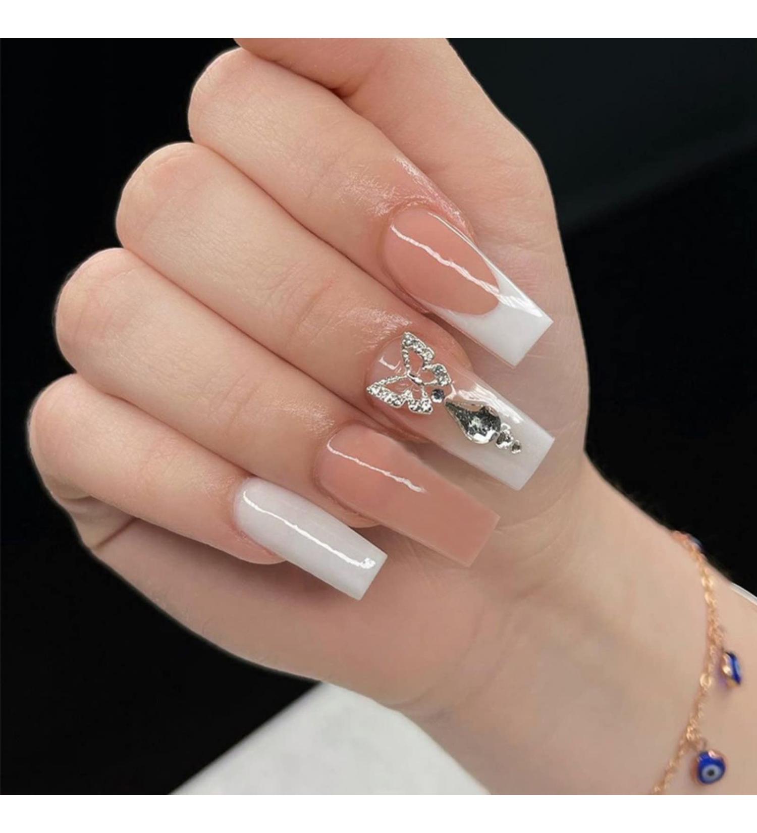 Justotry 24-Piece White French Coffin Nails | 3D Ballerina Press-On Nails for Women | Medium Length Artificial Fingernails - Buy Online on GoSupps.com