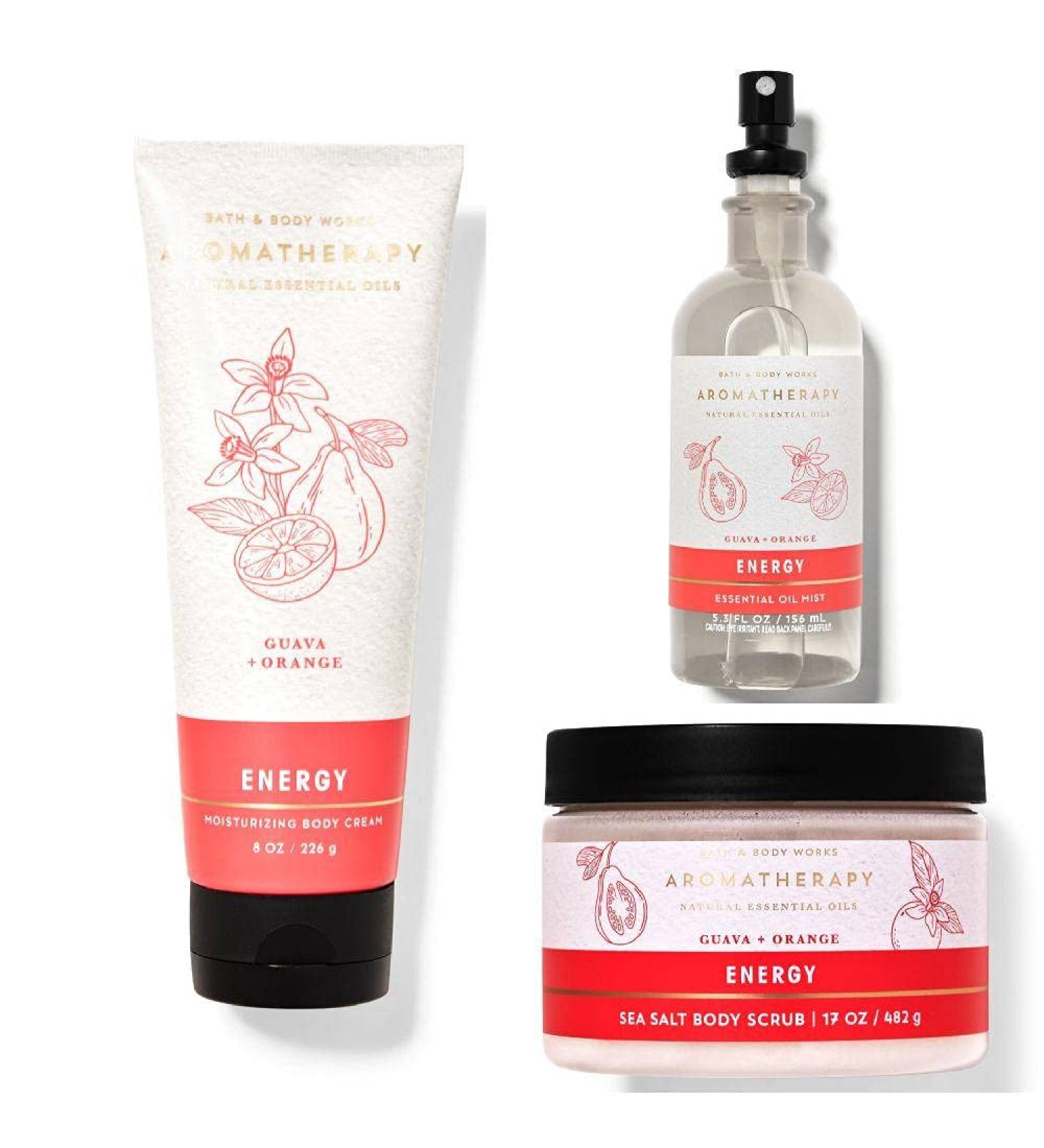 Bath and Body Works Aromatherapy Guava Orange Moisturizing Body Cream Sea Salt Body Scrub and Essential Oil Mist 3 Piece Set
