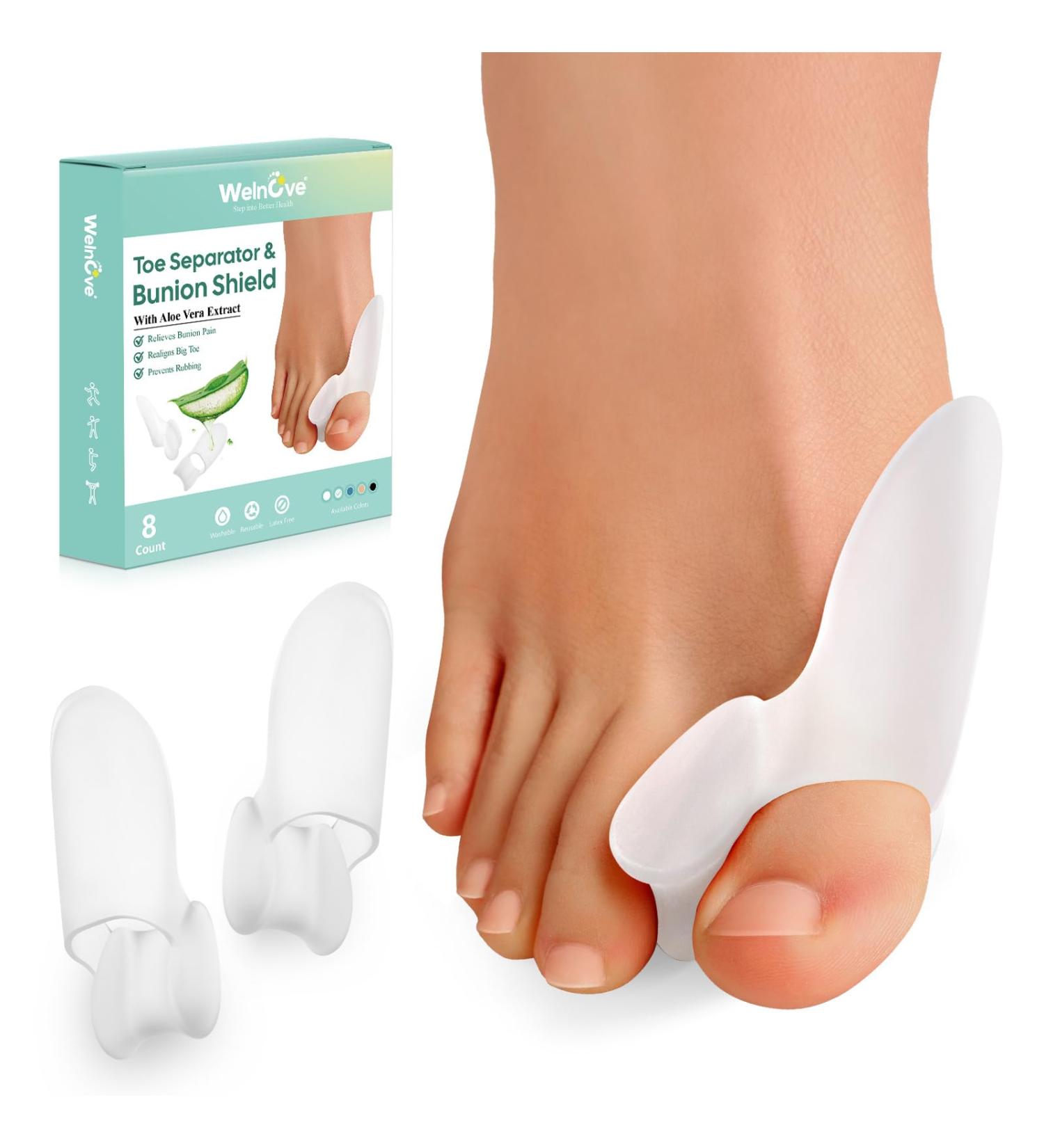 Welnove Bunion Cushion Protector - 8 Pack Aloe Vera Gel Shield for Foot Pain Relief & Calluses - Bunion Corrector with Separator (White - Buy Online on GoSupps.com