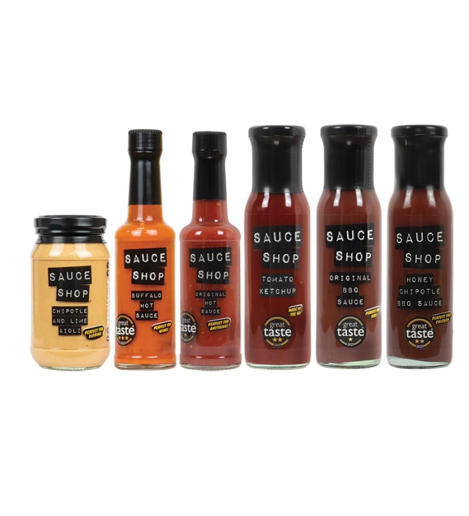 Sauce Shop | Bestseller Collection | 6 items inc Buffalo Hot Sauce Original Hot Sauce Tomato Ketchup and Original BBQ Sauce | Vegetarian Friendly - Buy Online on GoSupps.com