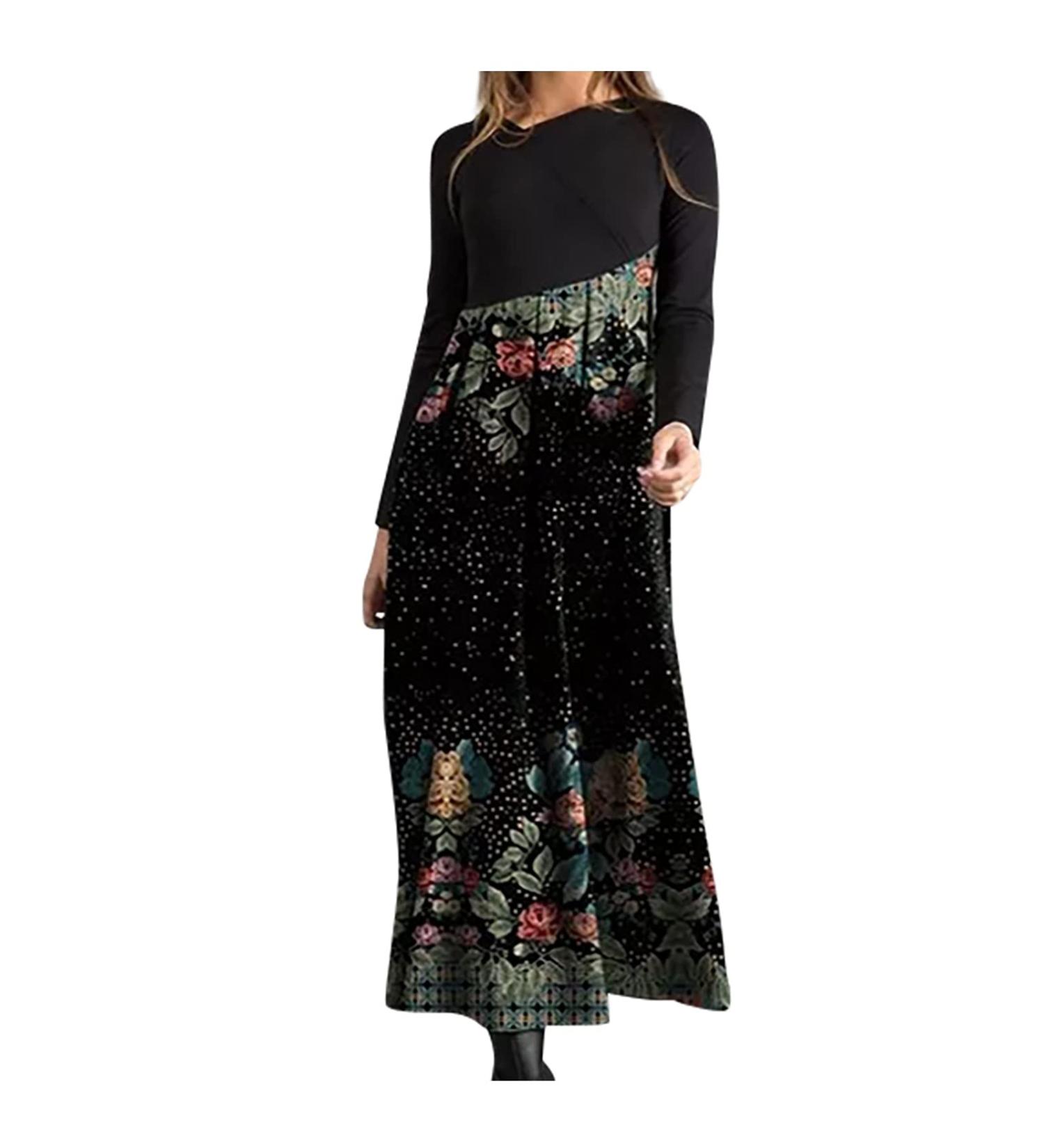 Women's Casual Fall Wedding Guest Midi Dress - Black Long Sleeve Cocktail Party Tunic Flower Shirt Hawaiian Plus Size - Size Large - Buy Online on GoSupps.com