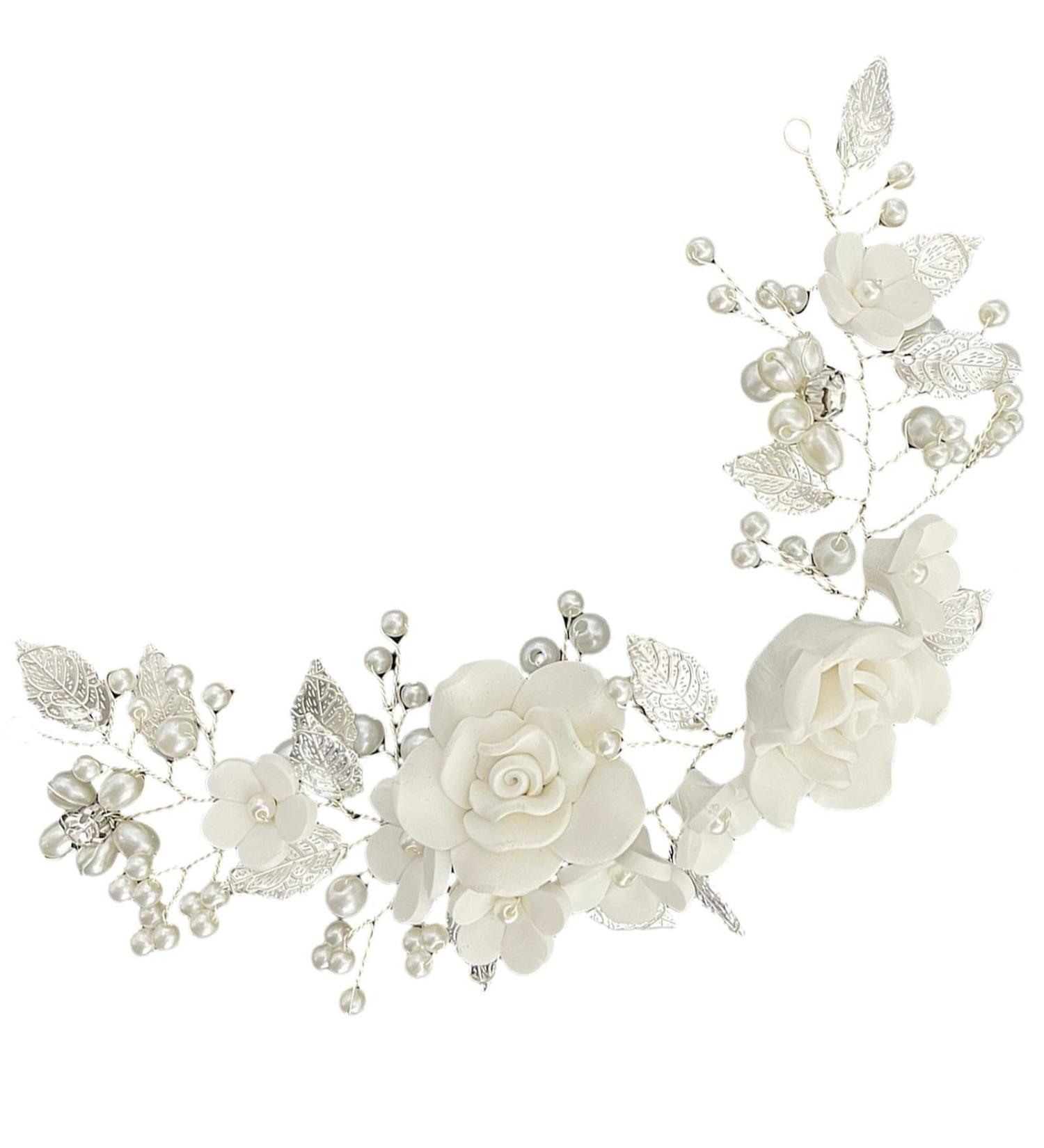 Bridal Hair Accessories Flower Pearls Barrette Hair Vine Crystal Silver Leaf Wedding Hair Headband Jewelry For Party Fancy Dress Honeymoon Garden Party 25cm - Buy Online on GoSupps.com