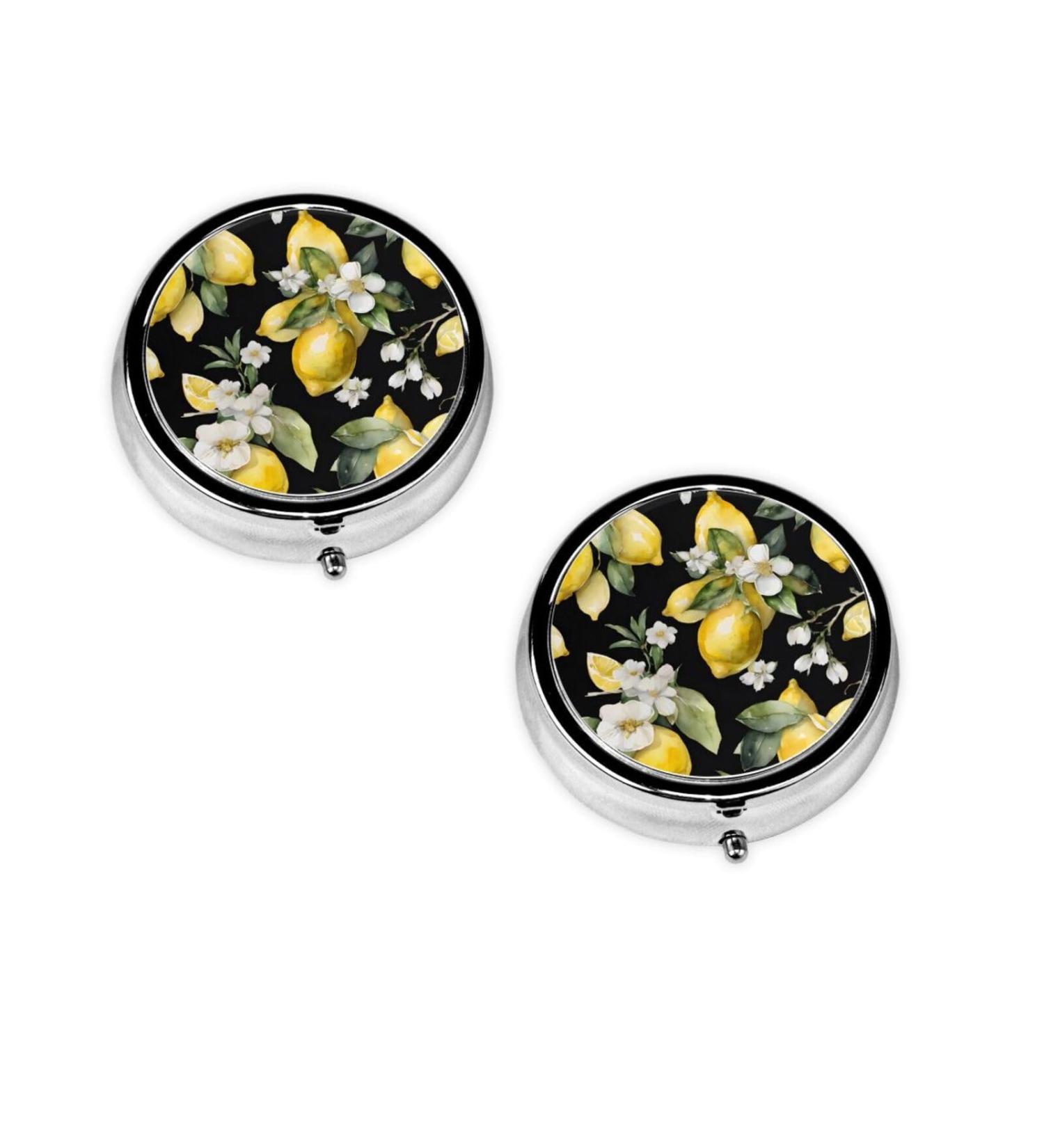 Lemon & Flower Round Pill Box - 3 Compartment Mini Decorative Travel Organizer for Vitamins & Tablets - Buy Online on GoSupps.com