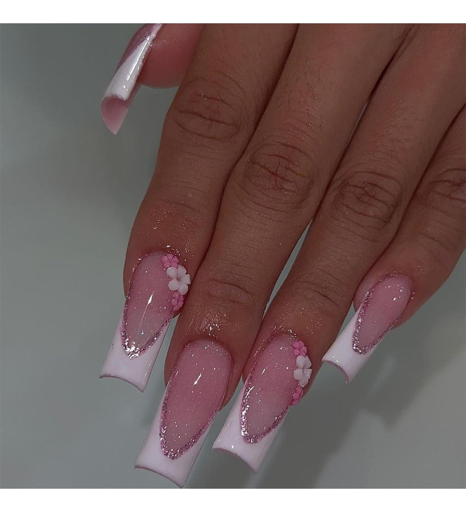 French Tip Press on Nails - Short Square Press On Nails with Nail Tips White edged long fake nails with glittering pink flower nails press on nails Acrylic False Nails Cute Artificial Nails - Buy Online on GoSupps.com