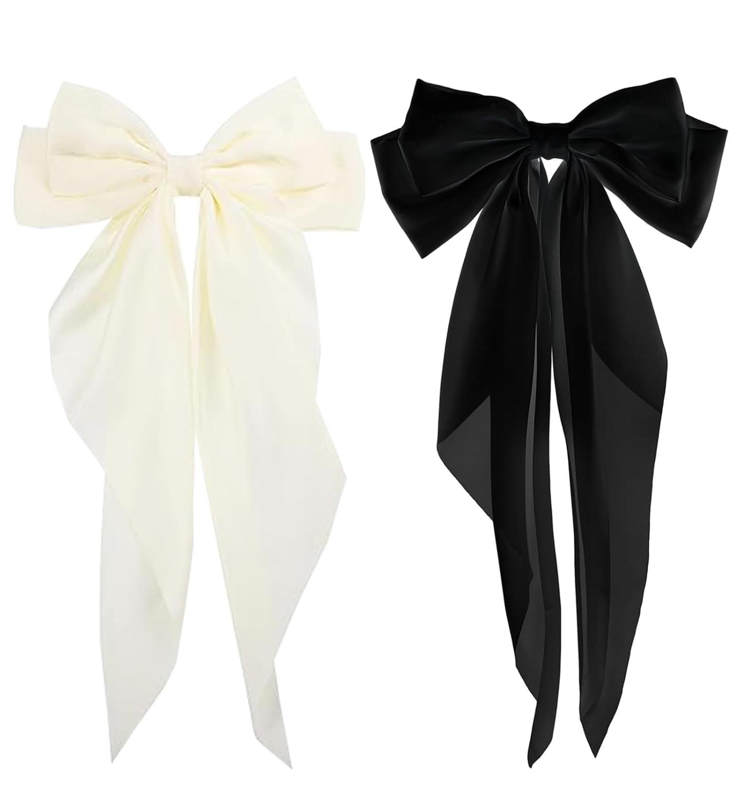 2 Pcs Big Hair bow Hair Bows for Women Bow Hair Clip Elegant Solid Color French Barrette Bows For Hair With Long Silky Satin Hair Barrettes Accessories Bow Hair Clips for Women Girl(Black+Cream) - Buy Online on GoSupps.com
