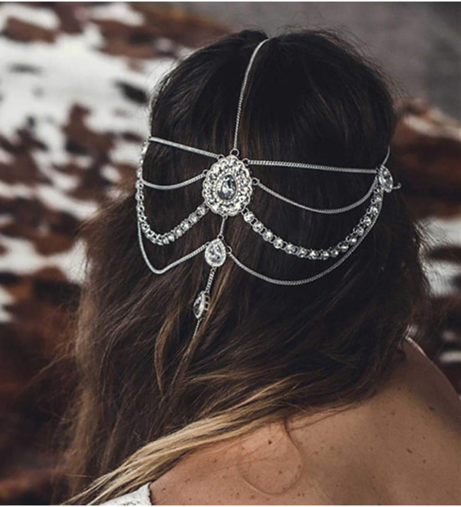 Bohemian Rhinestone Teardrop Head Chain for Women - Silver Wedding Headpiece - Buy Online on GoSupps.com