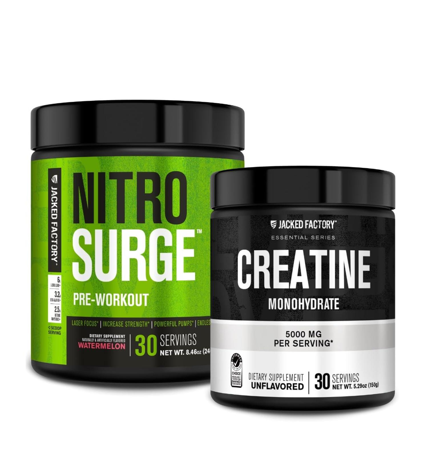 Jacked Factory NITROSURGE Pre-Workout Supplement - Intense Pumps (30 Servings Watermelon) & Creatine Monohydrate Powder for Muscle Growth (30 Servings Unflavored) - Buy Online on GoSupps.com