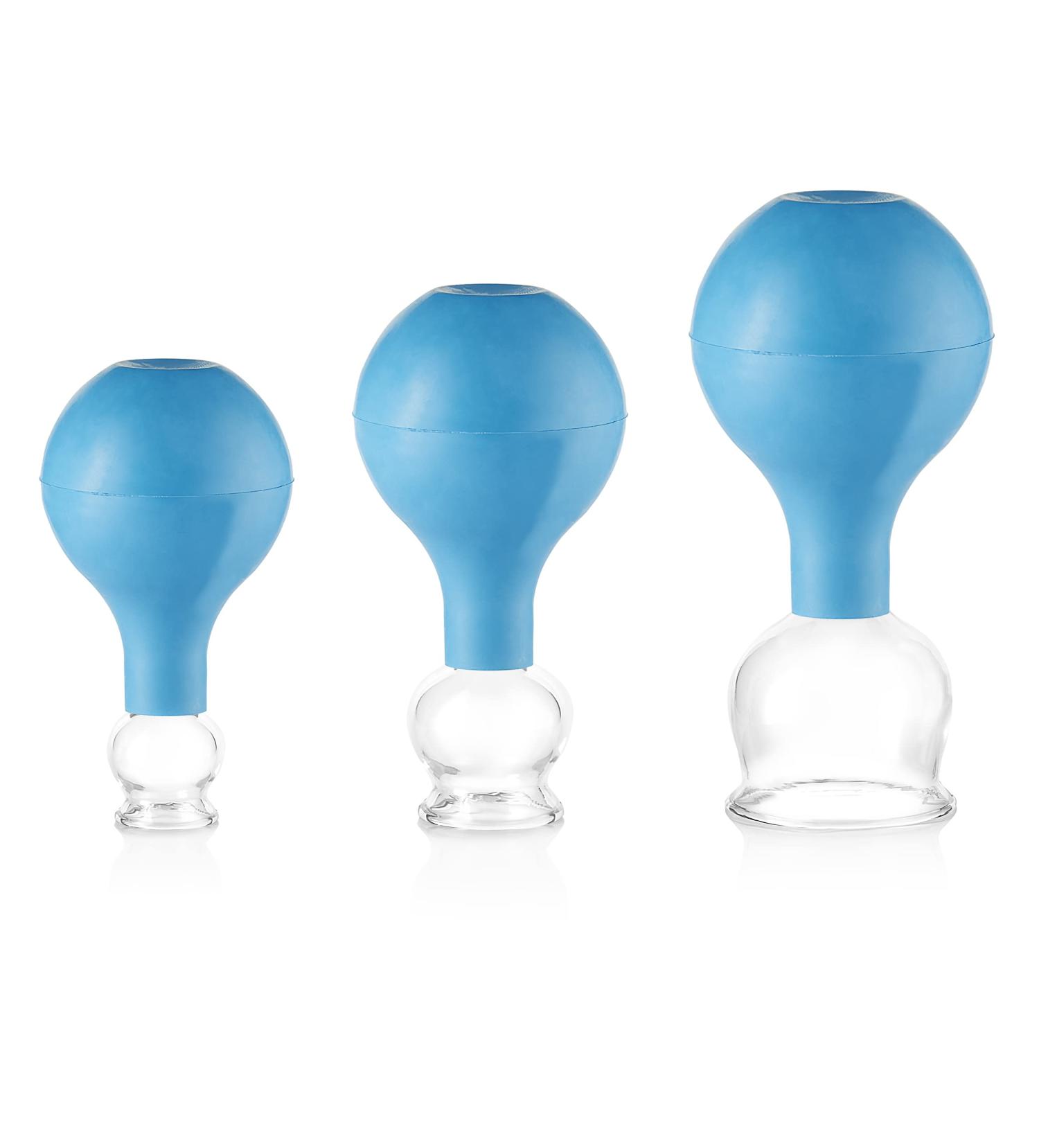Pulox Cupping Glass Set of 3 - Real Glass with Suction Balls (25mm 32mm 40mm) - Blue | International Shipping - Buy Online on GoSupps.com