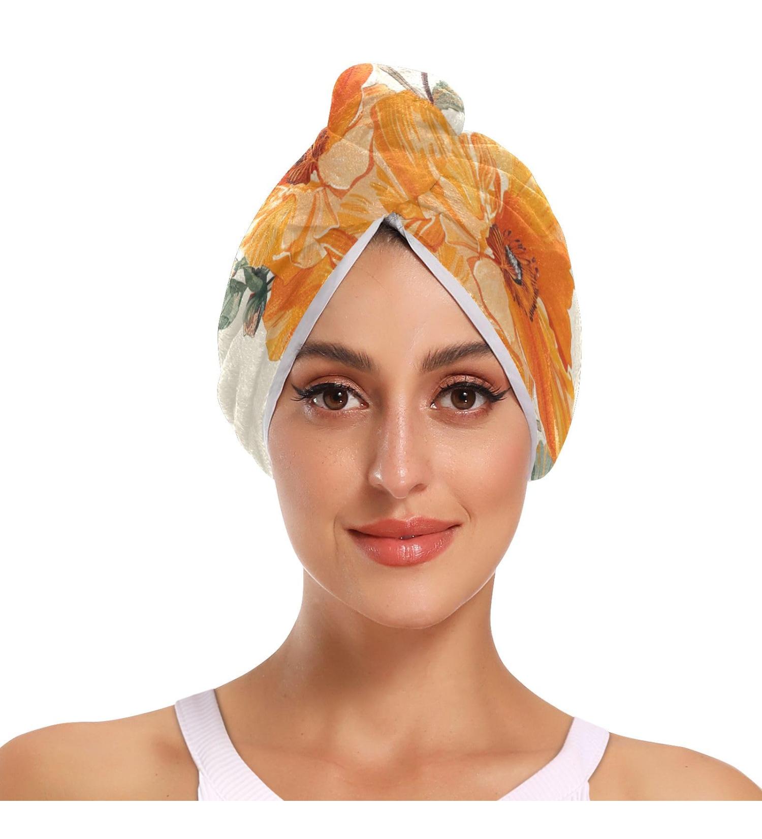 Orange Flowers Butterfly Hair Towel 2 Pack | Super Absorbent Quick Dry Hair Turbans for Women & Girls - Buy Online on GoSupps.com