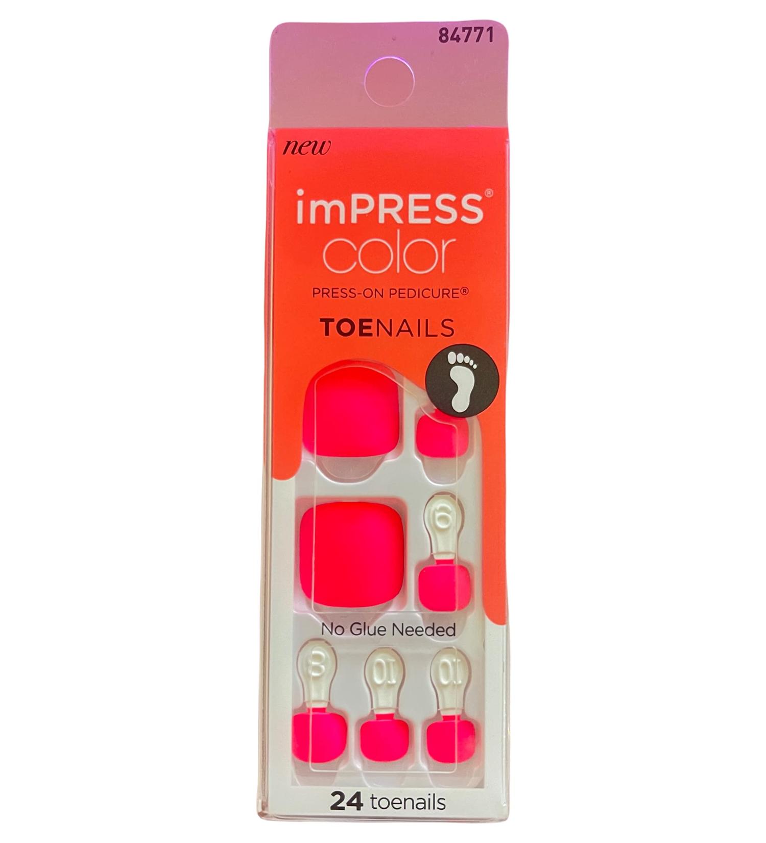 Kiss imPRESS Color Toenails Neon Pink Press-On Fake Nail Pedicure With Coffee 84771