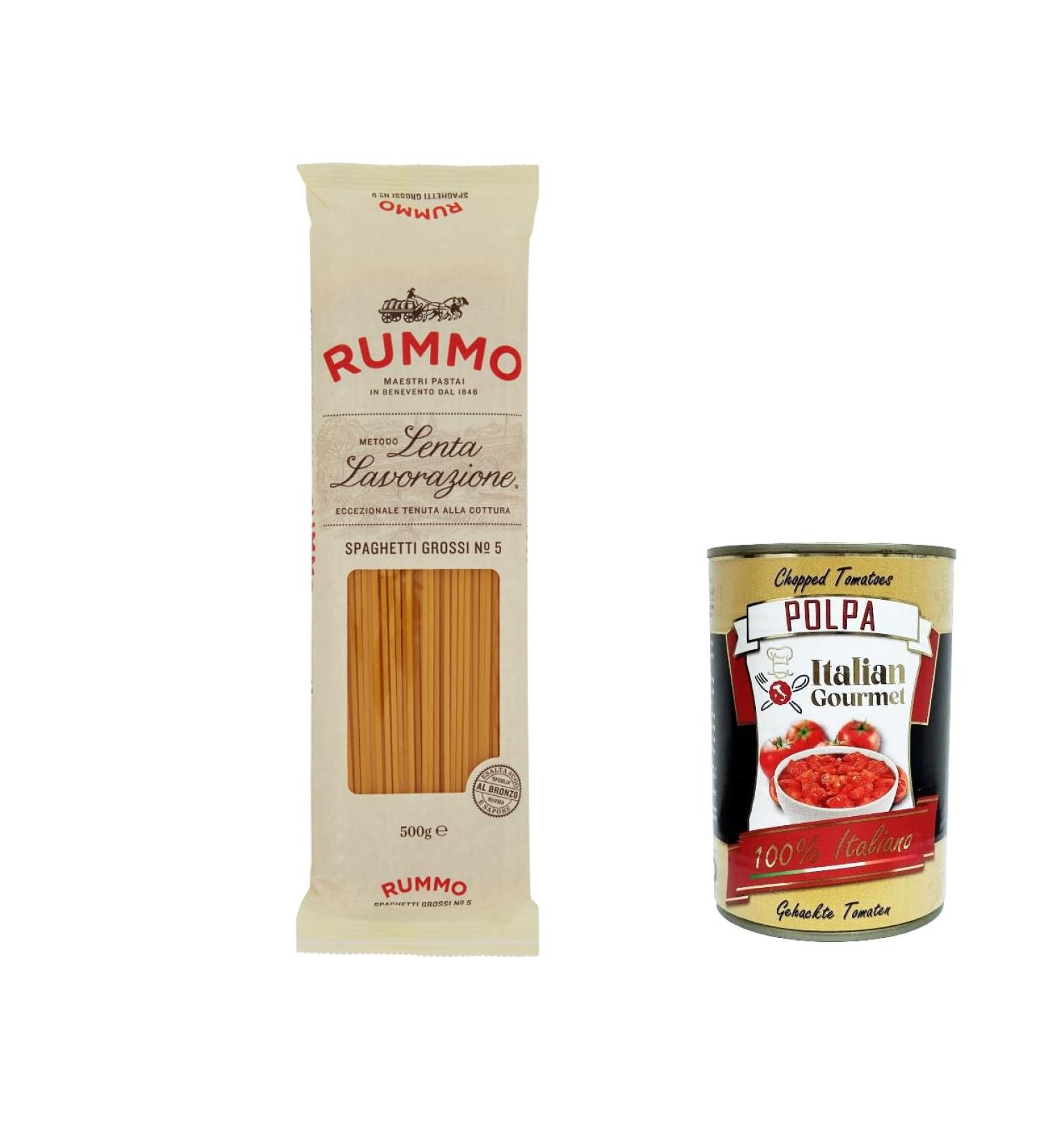  Italian Gourmet E.R. Rummo Spaghetti Grossi No. 5 Pack of 8 durum wheat semolina pasta 500g + Italian Gourmet Polpa di Pomodoro 400g - Buy Online on GoSupps.com