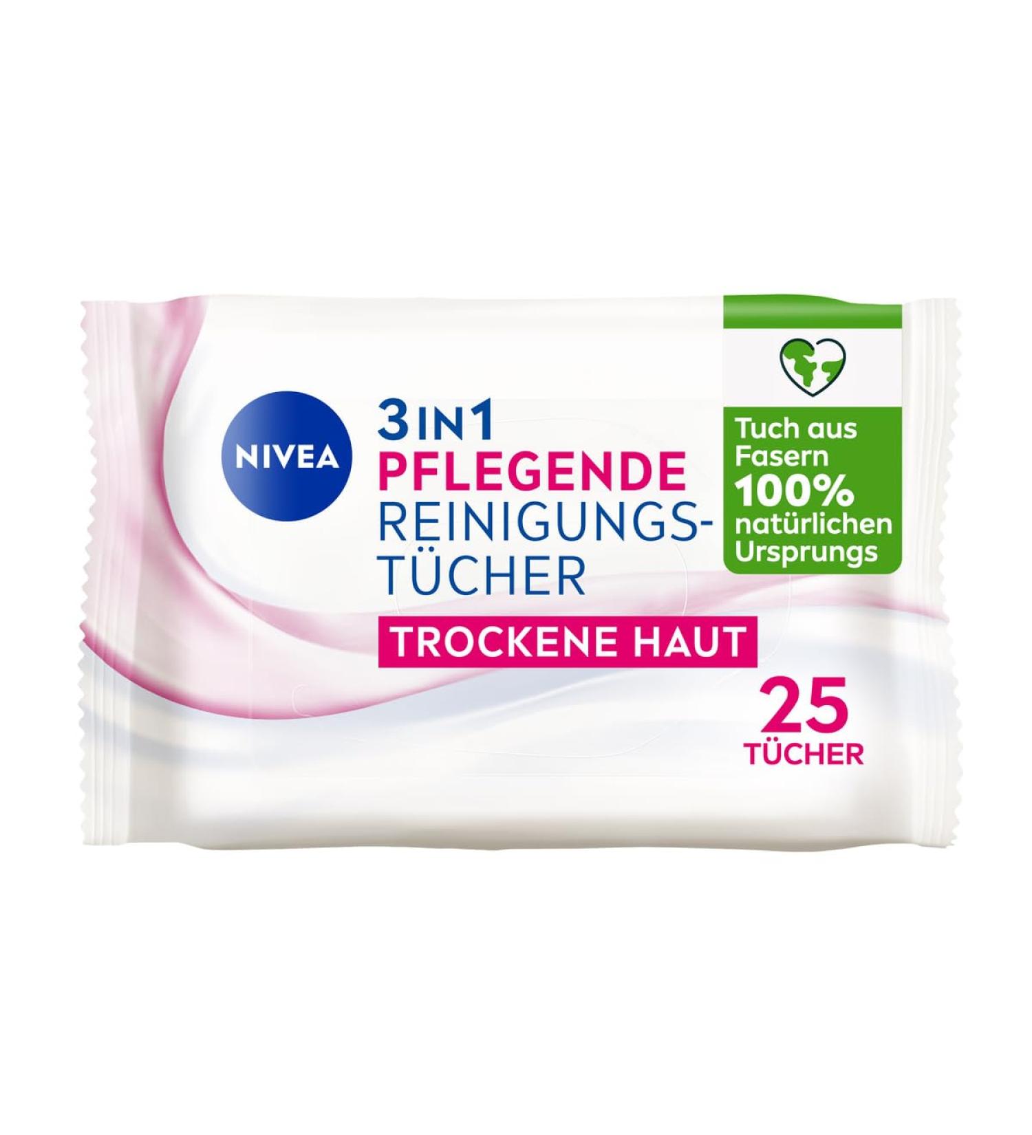 NIVEA 3in1 Nursing Cleaning Towels for Dry Skin - 25 Mild Face Makeup Wipes with Natural Almond Oil - Ideal for Makeup & Waterproof Mascara Removal - Buy Online on GoSupps.com