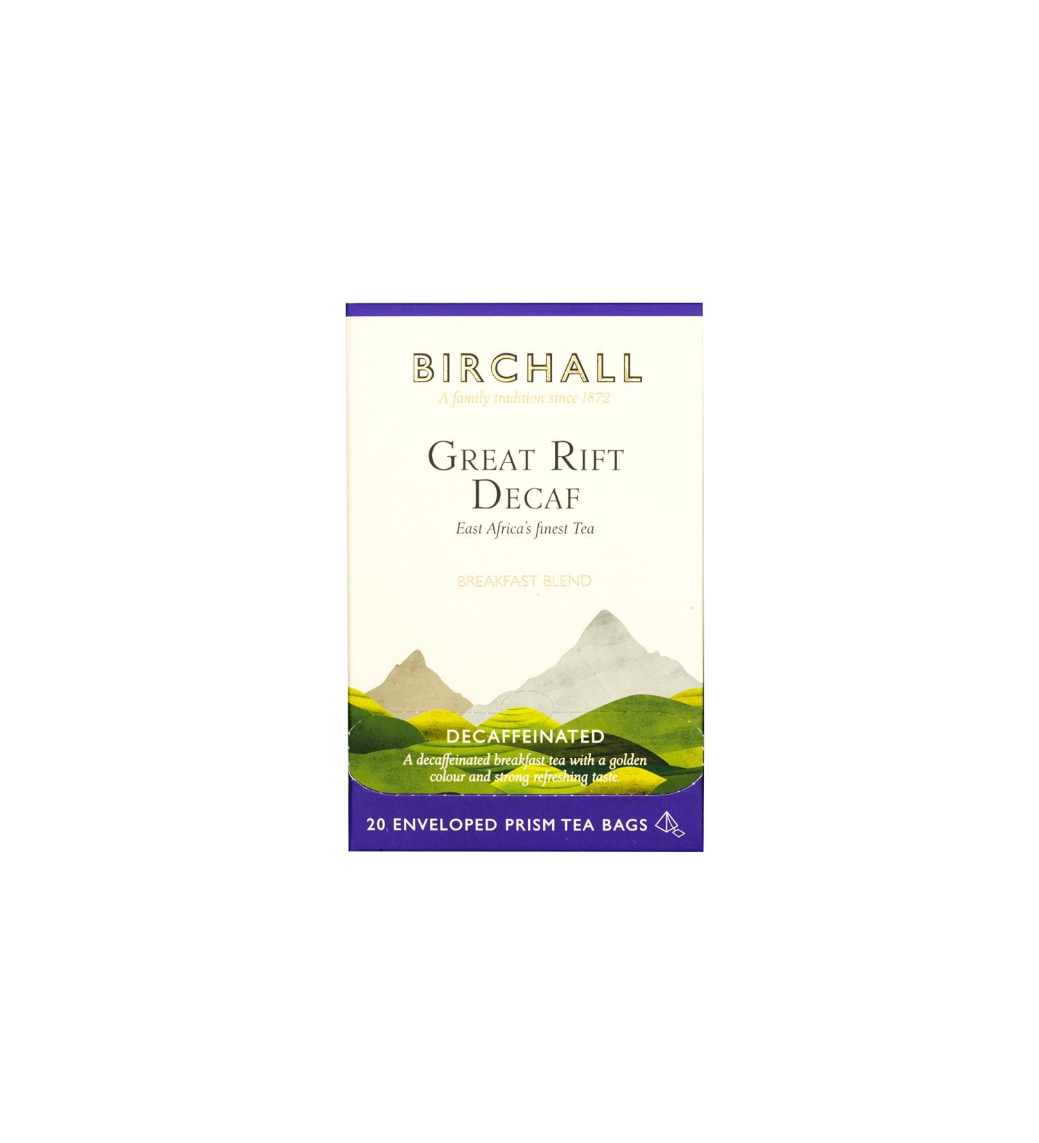 Birchall Great Rift Decaf Blend Tea Bags English Breakfast Tea Bursting with Full Flavour Perfect Vegan Gifts 20 Enveloped Plant-Based Prism Tea Bags 62.5