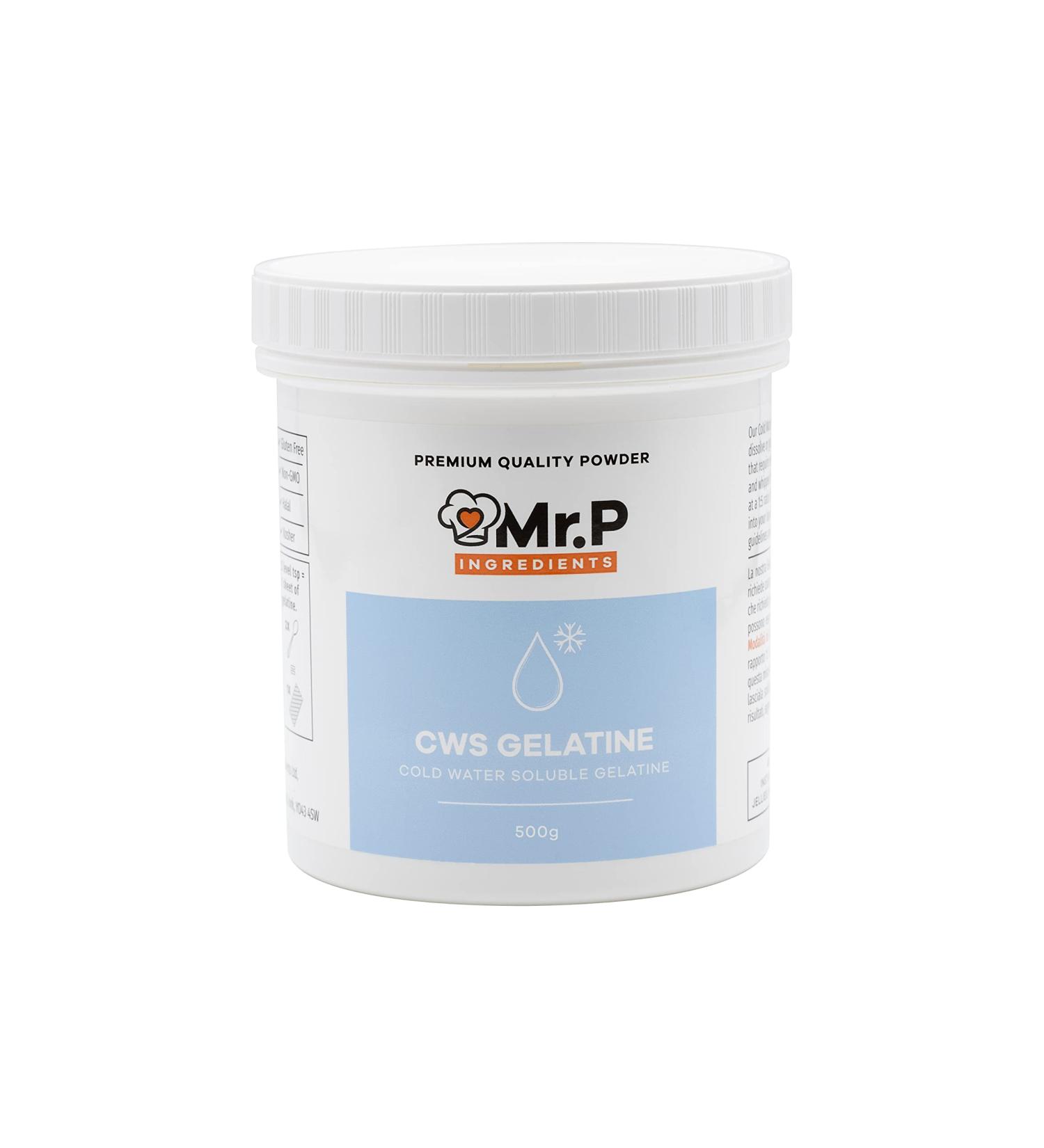 Mr.P Cold Water Soluble Gelatine 500g - Stabiliser & Gelling Agent | Gluten Free, Halal, Kosher | Non-GMO | Recyclable Pot | Pack of 1 - Buy Online on GoSupps.com