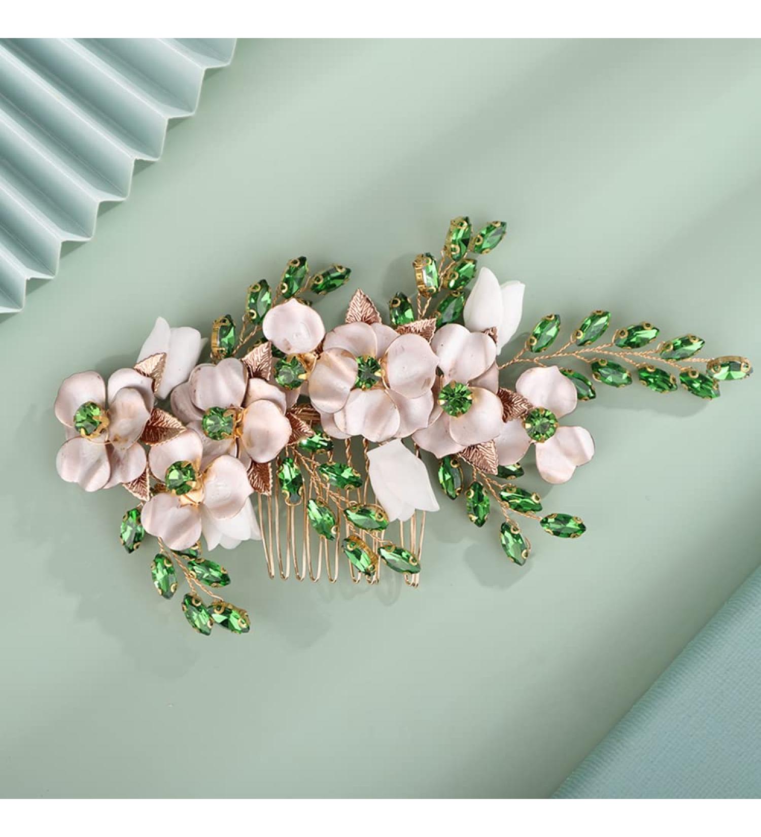 Kercisbeauty Emerald Green Crytal Hair Comb Gold Flower Beaded Hair Piece for Wedding Brides Bridesmaid Girls Prom Hair Accessories(Green) - Buy Online on GoSupps.com