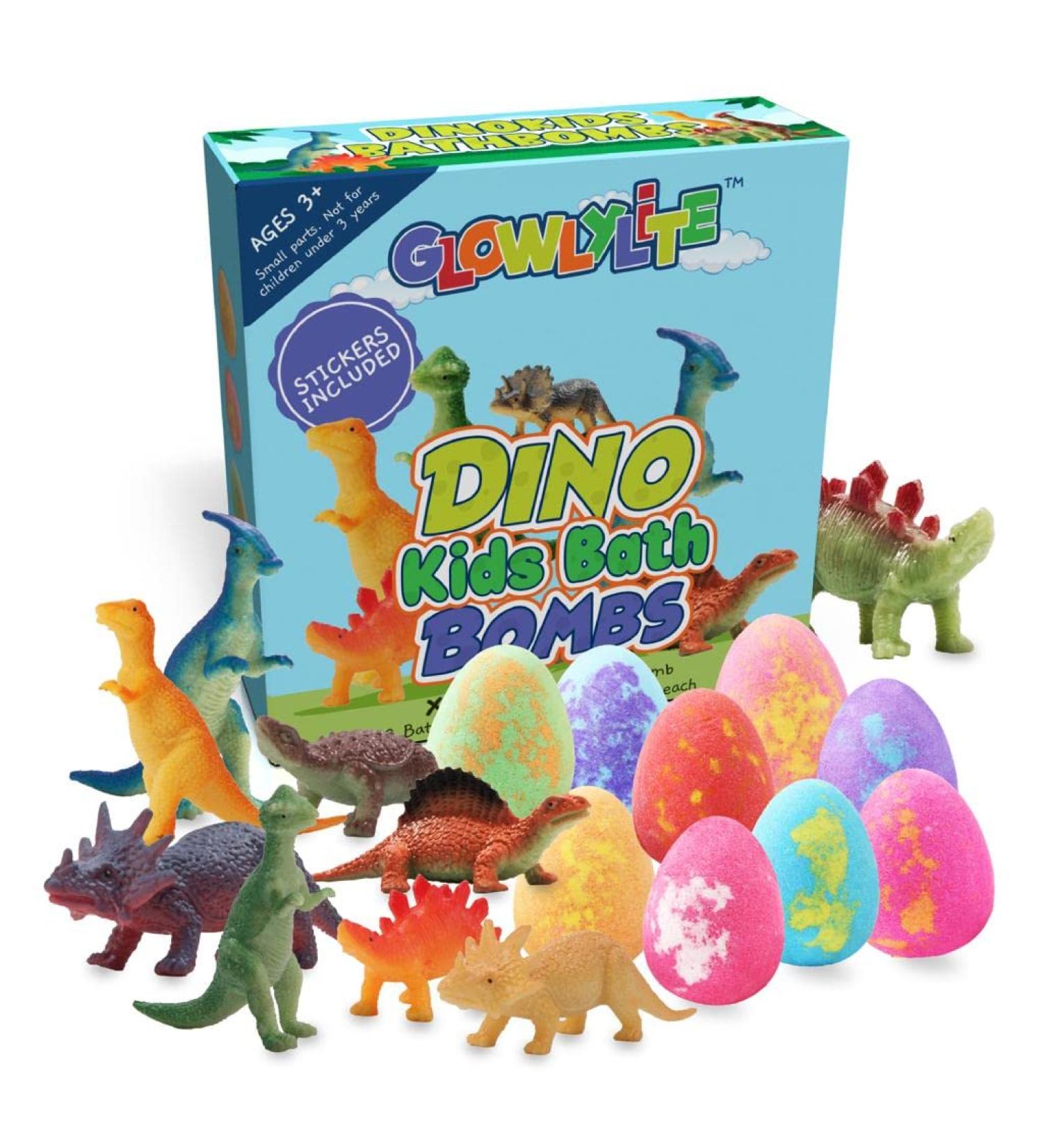 GLOWLYLITE - Colorful Dino Bath Bombs for Kids with Surprise Dinosaur Inside - Bubble Bath Gift with XL Toys and Stickers Included - Buy Online on GoSupps.com