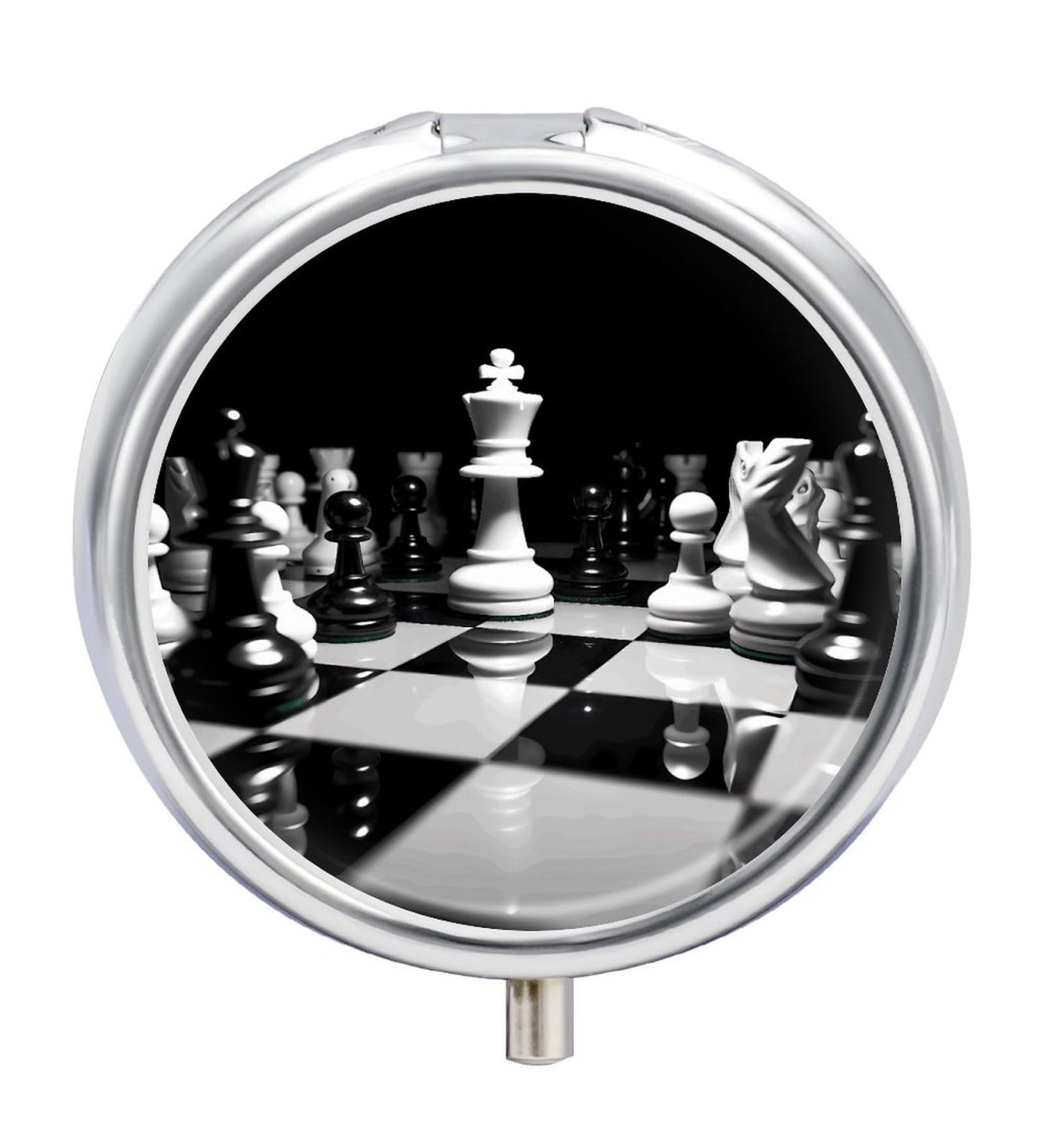 Buy Round Pill Box - Black and White Chess Print 3 Compartment Portable Organizer | Decorative Metal Pocket Pill Case - Buy Online on GoSupps.com