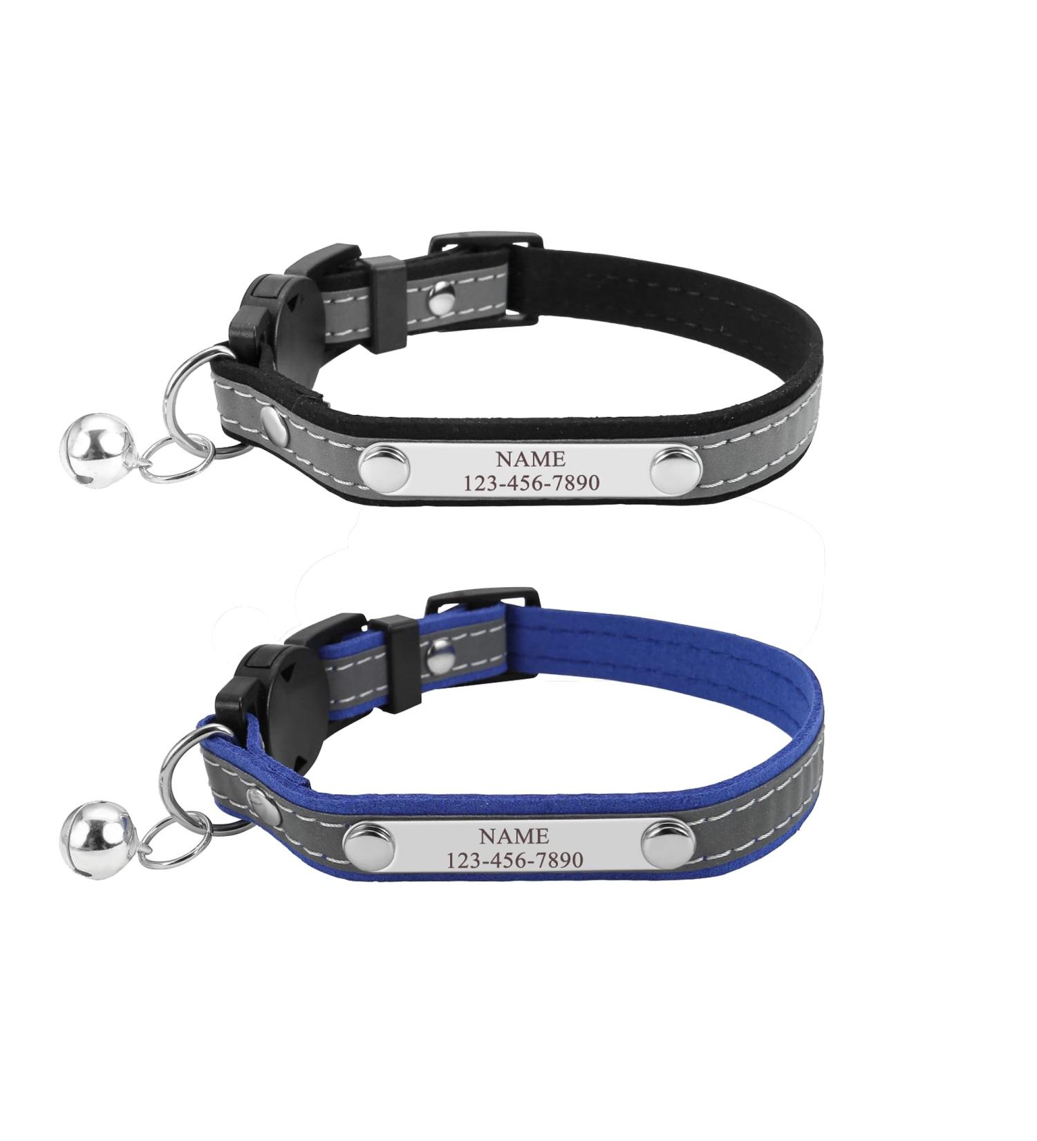 Personalized Reflective Cat Collar - Mogokoyo 2-Pack Bells Adjustable Safety Lock Custom Name & Phone - Black & Blue - Buy Online on GoSupps.com