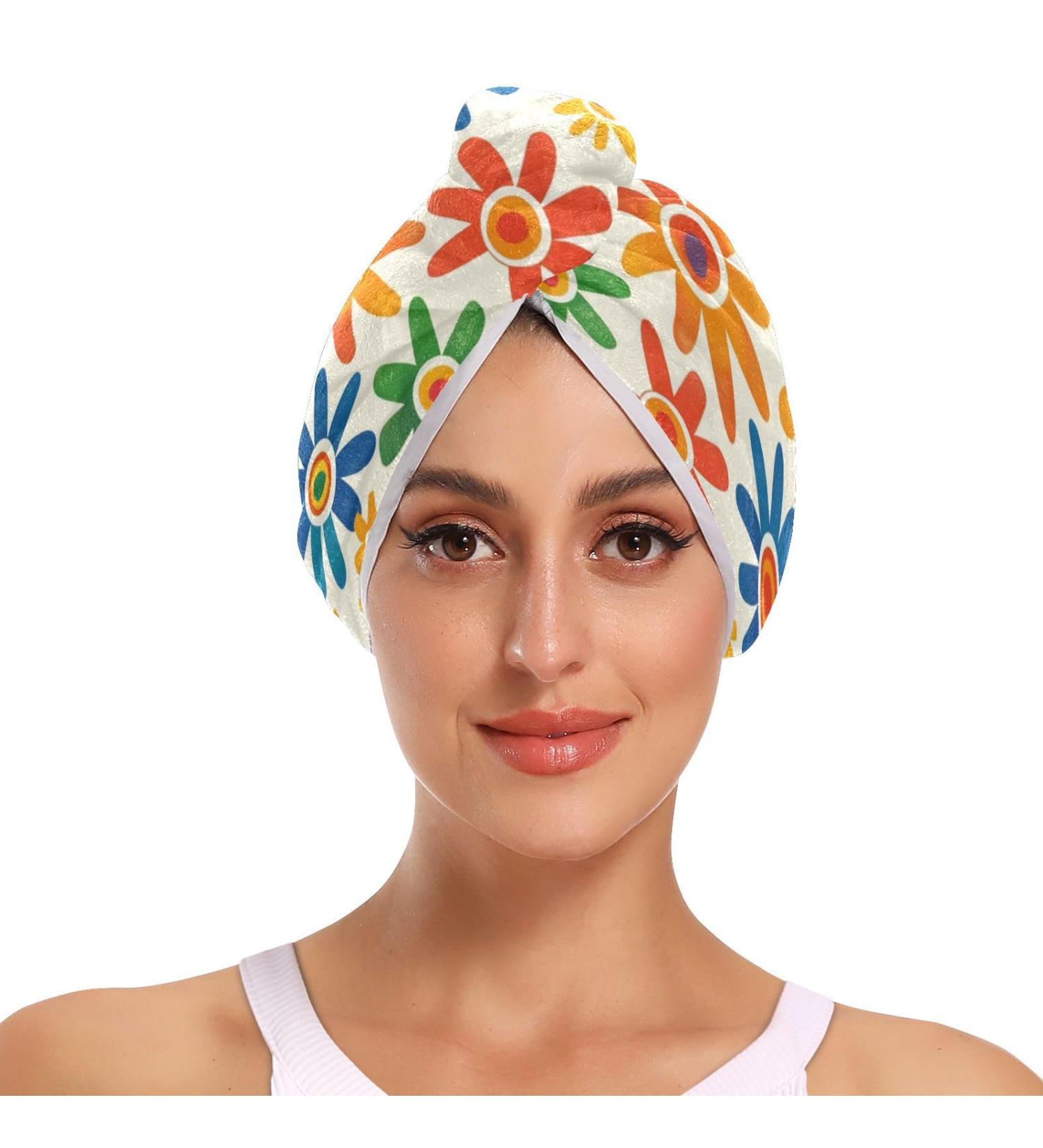 Buy Rainbow Spring Flowers Hair Towel 2 Pack | Super Absorbent Quick Dry Hair Turbans for Women & Girls - International Shipping Available - Buy Online on GoSupps.com