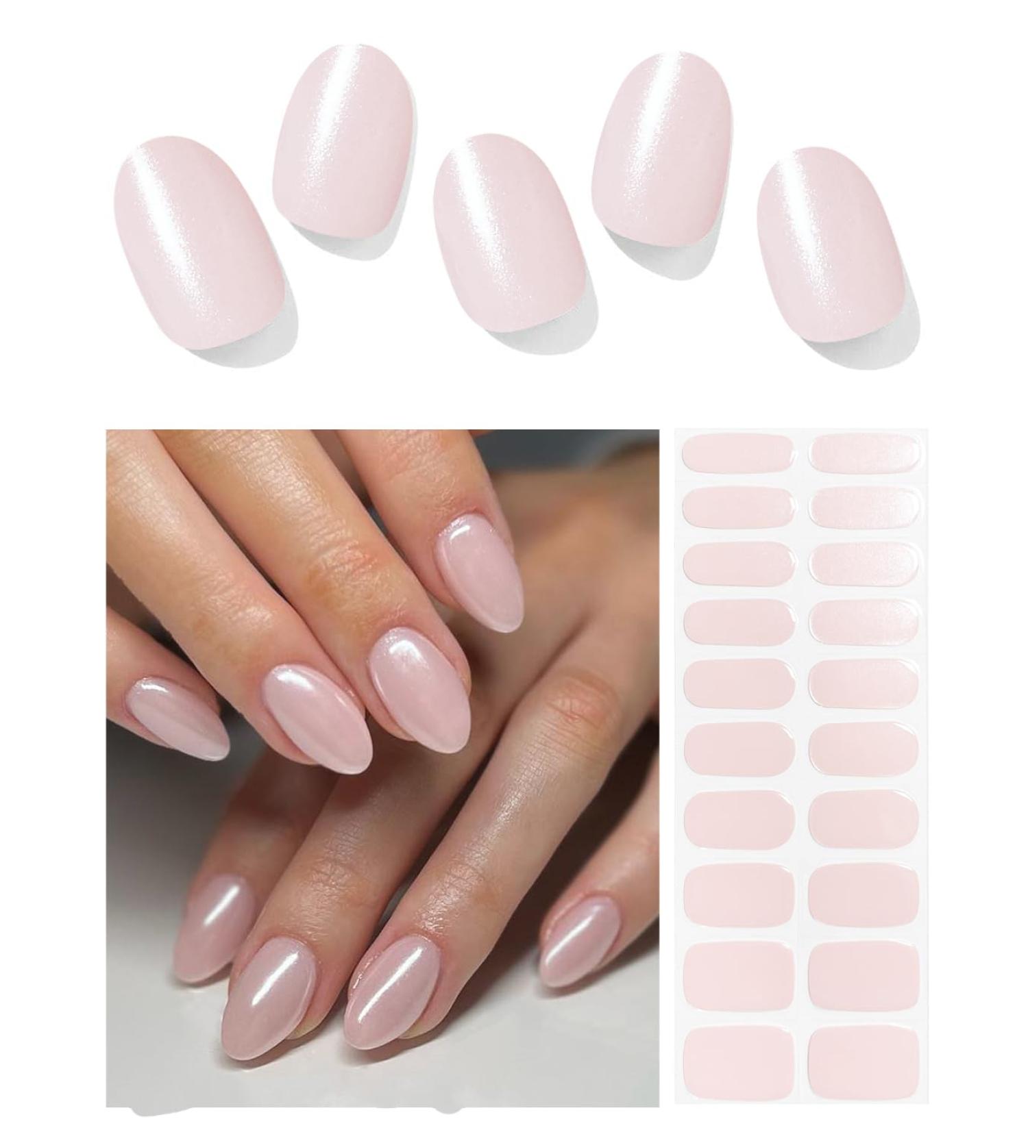 Buy Semi Cured Gel Nail Strips - Glazed Donut Pink | 20 PCS Pearl Chrome Gel Nail Stickers | UV Light Compatible | Salon Quality & Easy Application - Buy Online on GoSupps.com